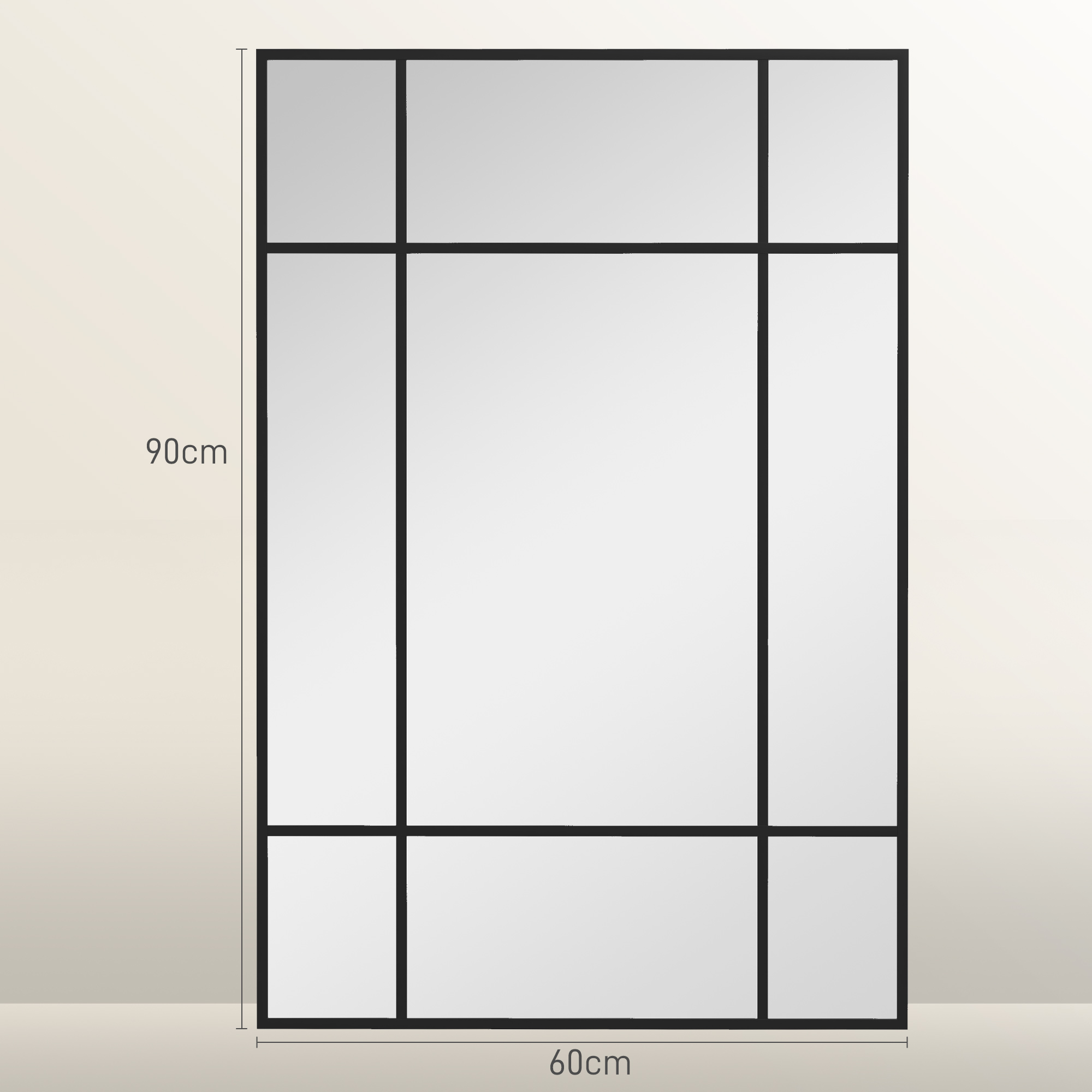Wandspiegel, dekorativer Spiegel mit Metallrahmen, schwarze Streifen, Mehrschichtglas, 90B x 2T x 60H cm