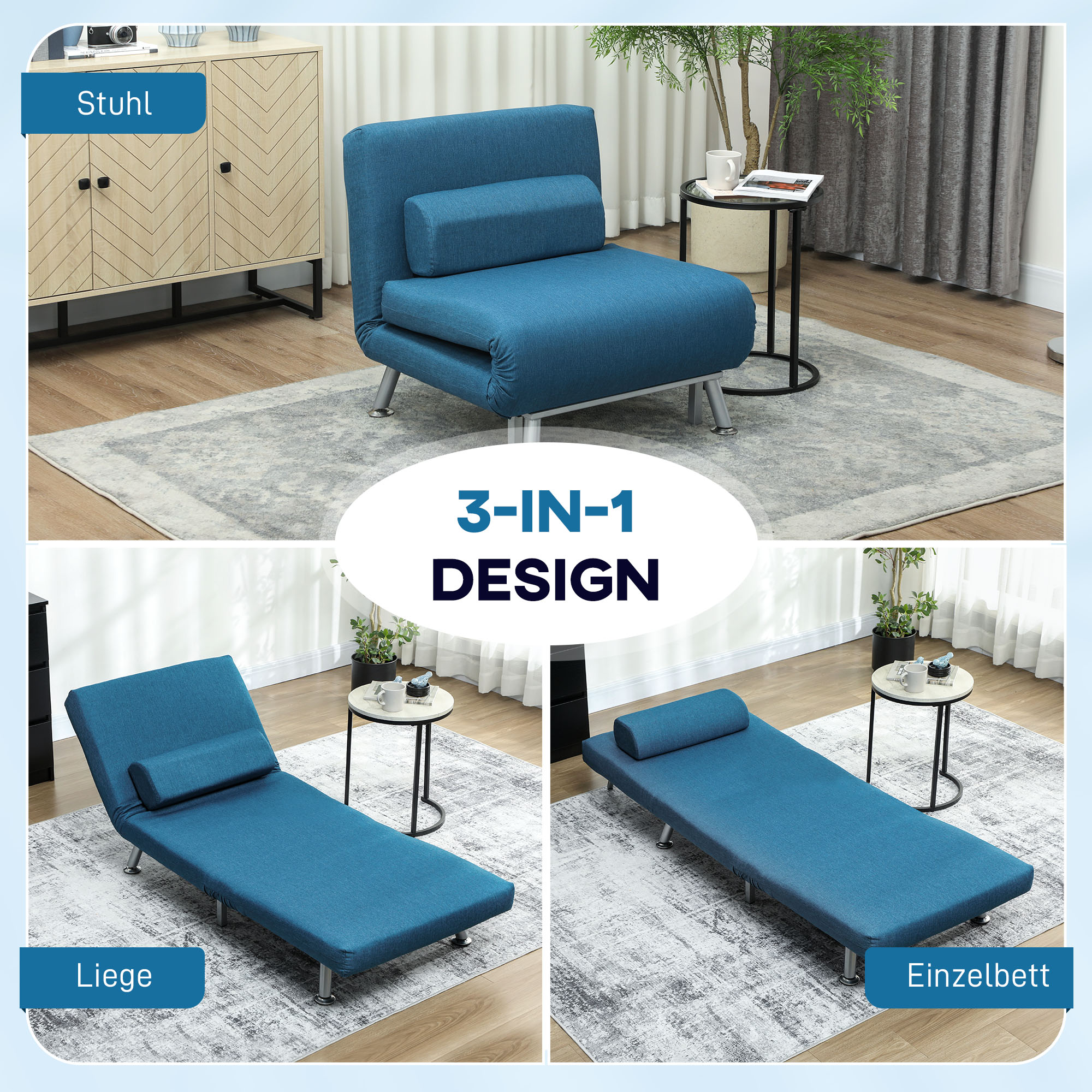 Klappsessel mit Bettfunktion, klappbarer Relaxsessel in Leinenoptik, Verstellbare Rückenlehne, 75 x 70 x 75 cm, Blau