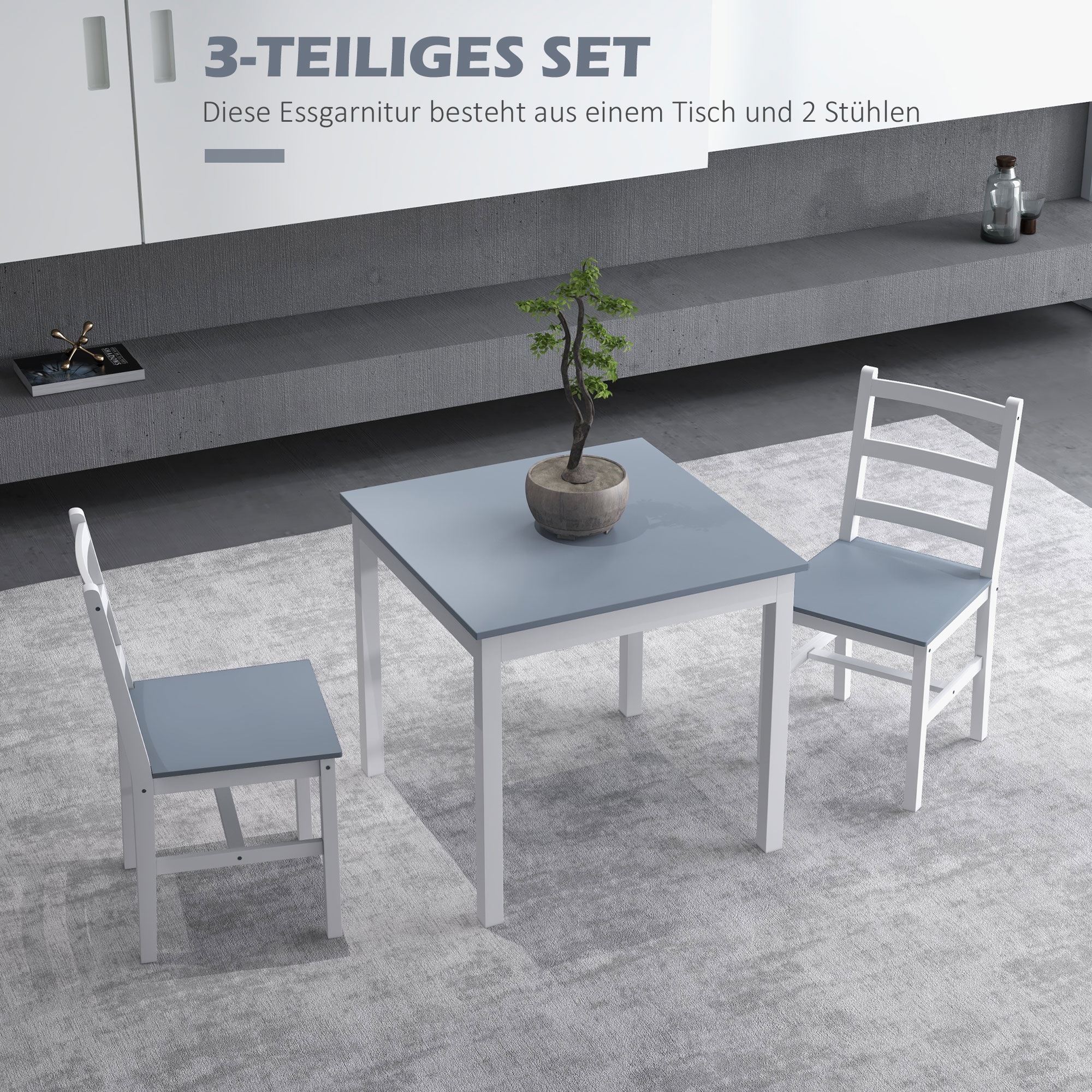 Essgruppe für 2 Personen, 2 Stühle, 1 Tisch, Kiefernholz, Weiß + Grau