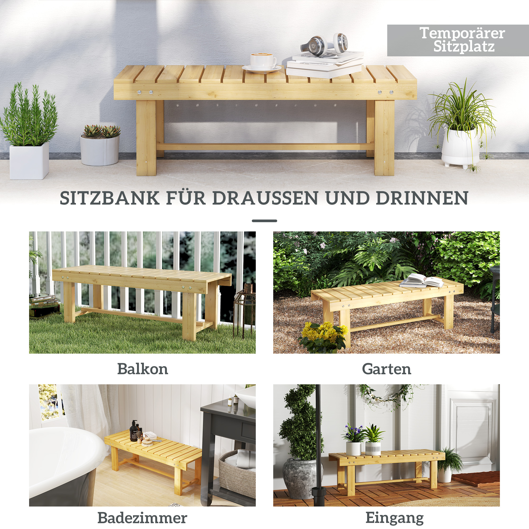 2-Sitzer Gartenbank Holz, wetterfest Sitzbank, Gartenmöbel mit Wasserresistente Lackierung, Parkbank 250kg belastbar, Holzbank für Balkon Terrasse, Garten, 110 x 38 x 35 cm Naturholz