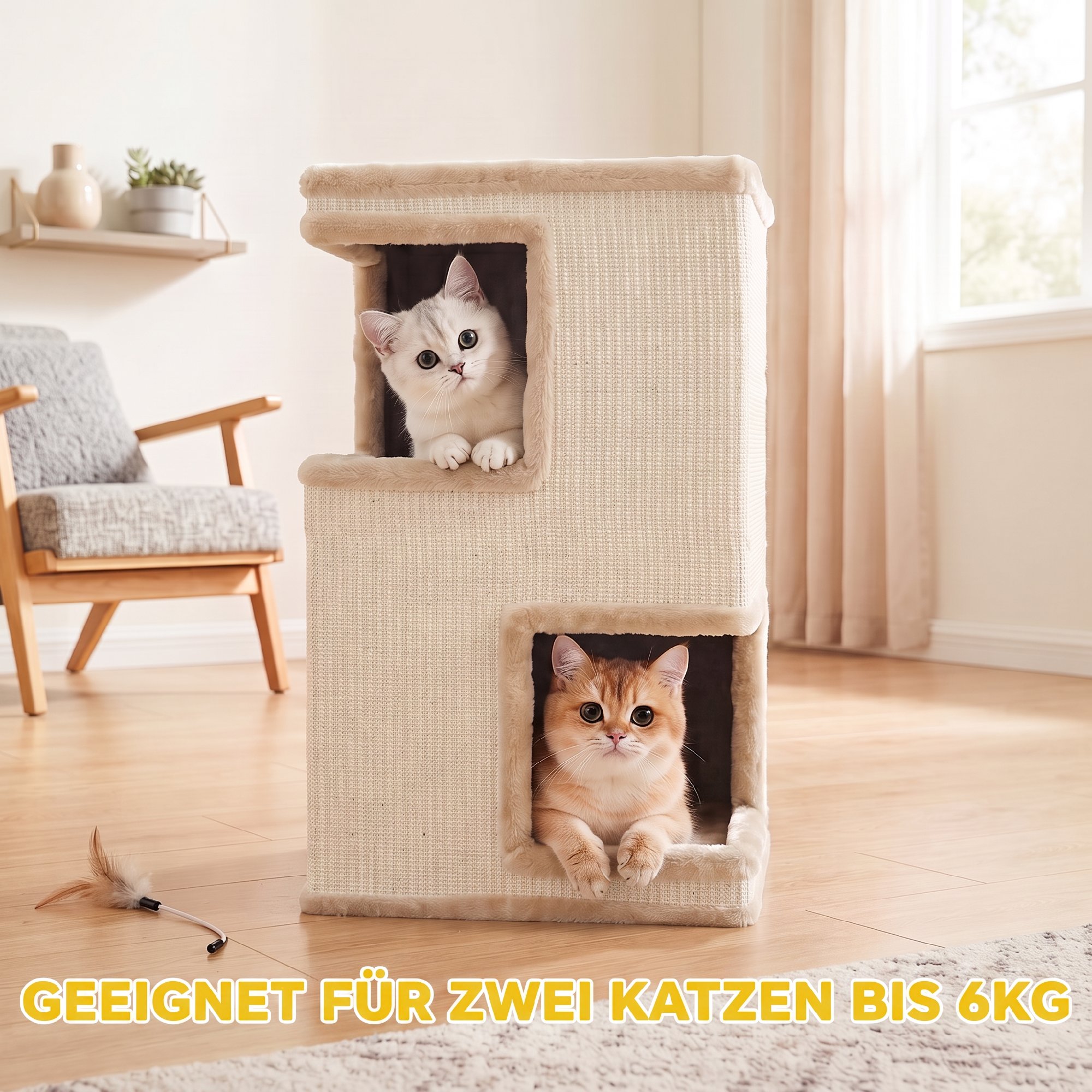 3-stöckige Katzentonne für drinnen, halbgeschlossene Katzenhöhle mit Kratzflächen rundum, 2 Katzenhöhlen