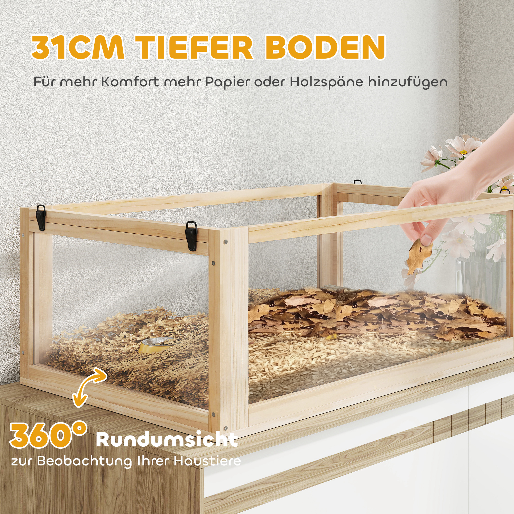 Hamsterkäfig aus Holz 3 Etagen Nagarium Nagerkäfig mit klappbarem Deckel Laufrad 80 x 50 x 76 cm Naturholz