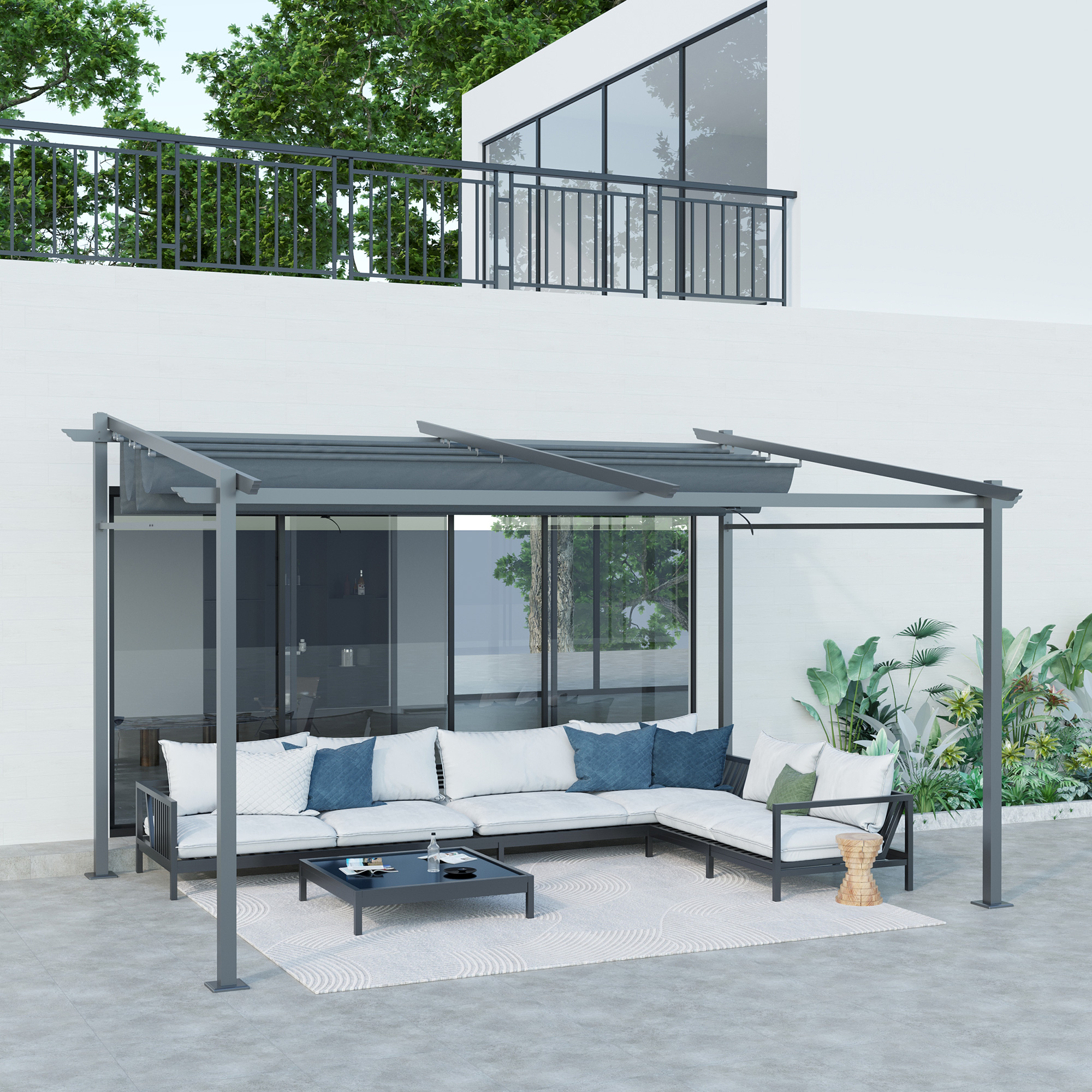Pergola, inklusive Befestigungsmaterial, ausziehbares Dach, 3,97 m x 2,95 m x 2,3 m, Dunkelgrau