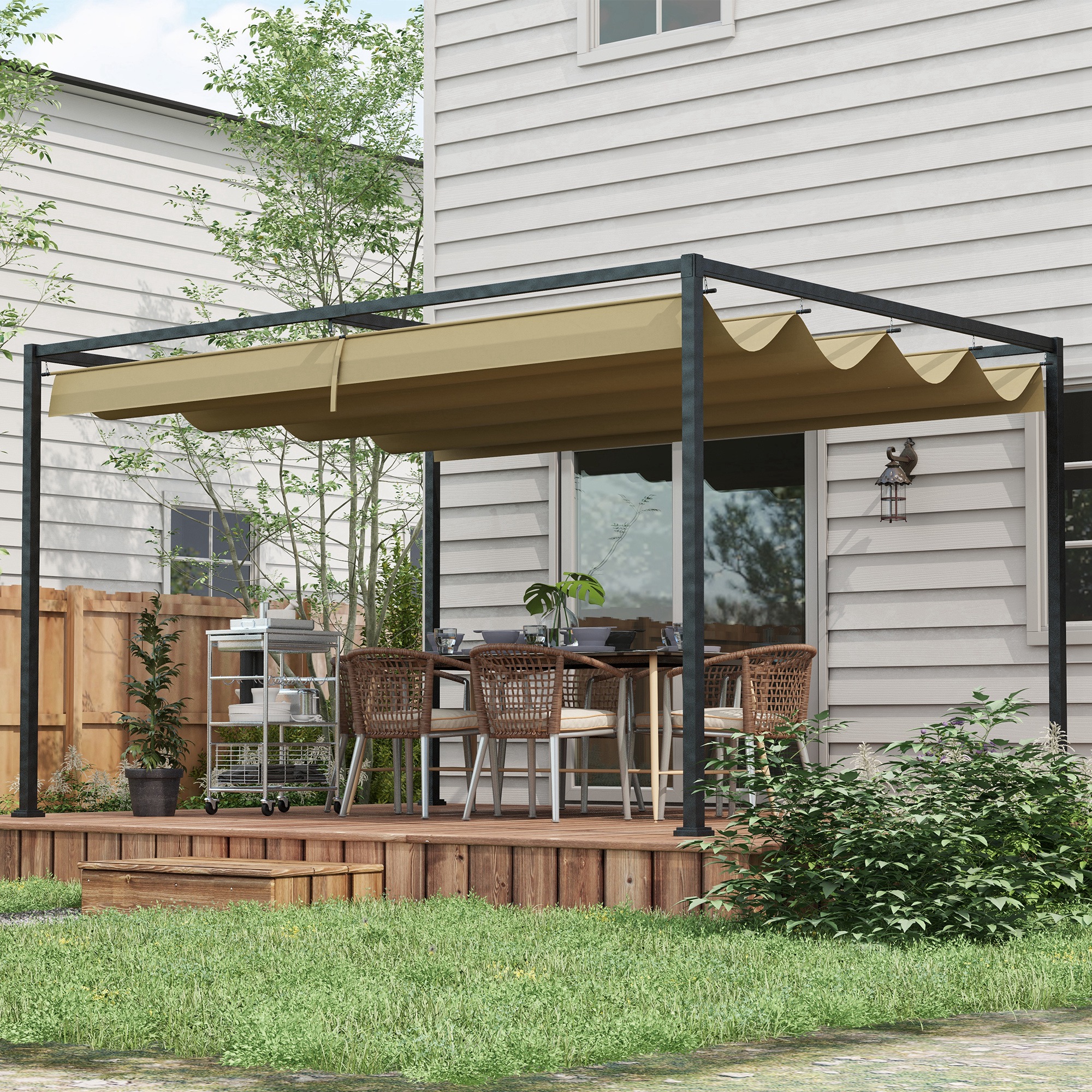 Pergola, Robuster Sonnenschutz für Garten, Balkon, Terrasse, aus Metall und Kunststoff, UV- und wasserabweisend, Khaki