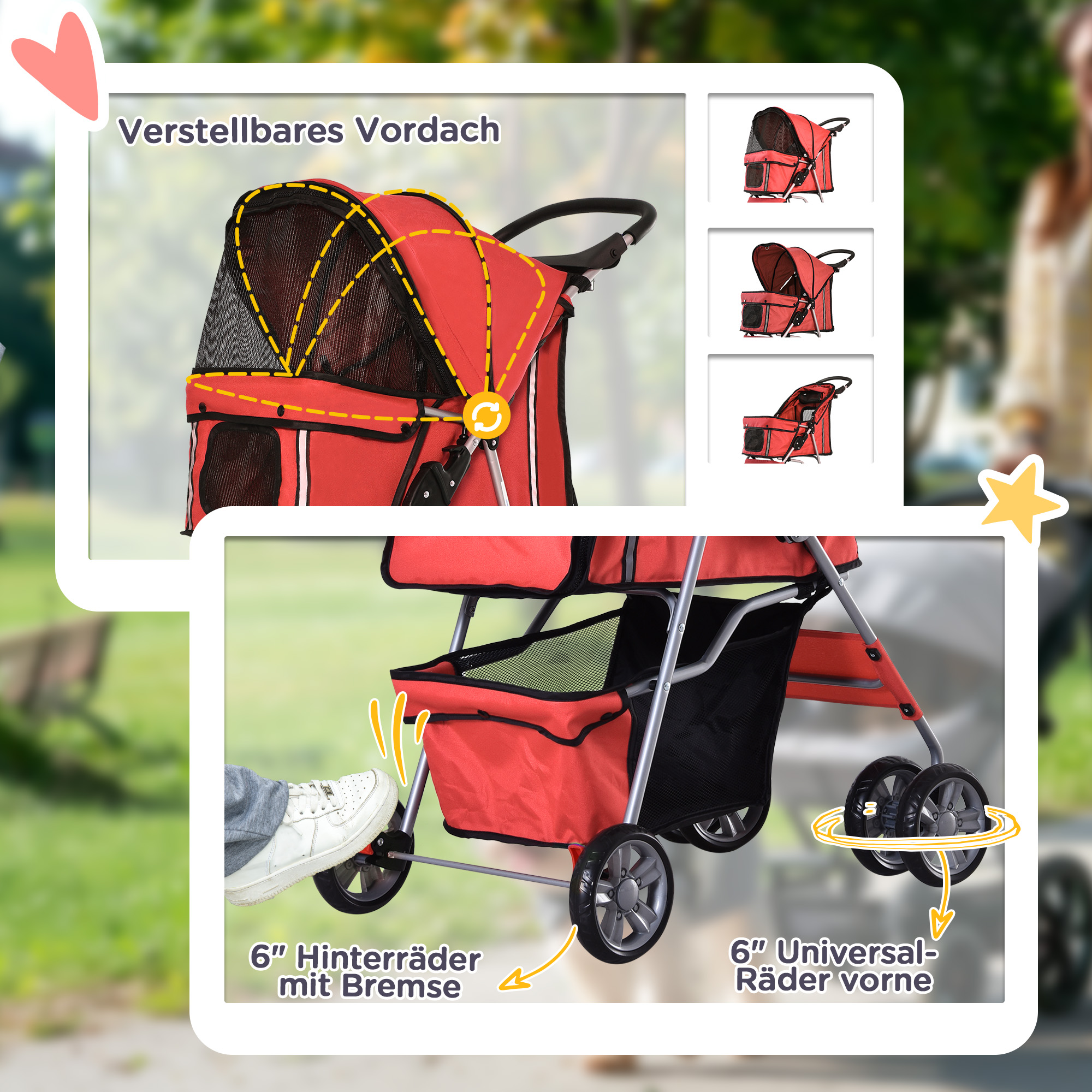 Hundewagen Hundetrolley bis 10 kg Klappbar mit Becherhalter Sonnendach Rot