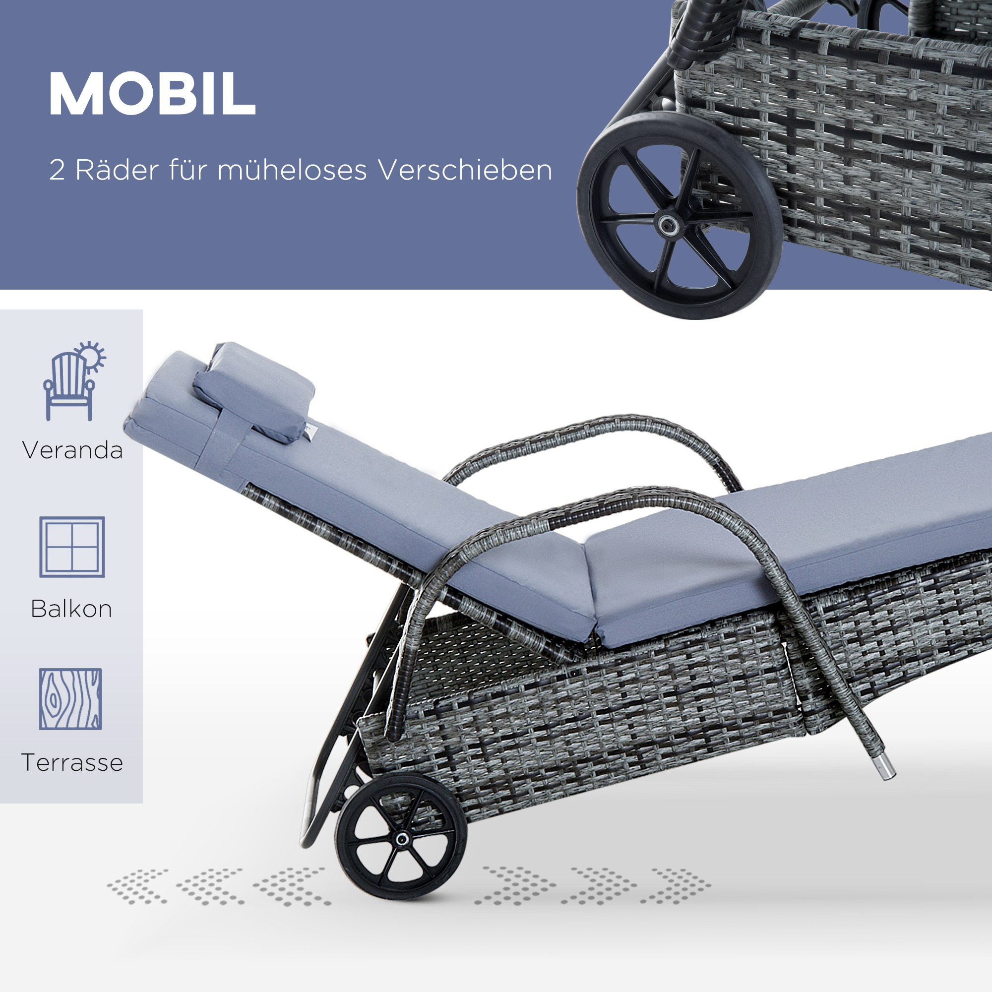 Sonnenliege Gartenliege Tisch 3er-Set Gartenmöbel, Polyrattan+Metall Grau