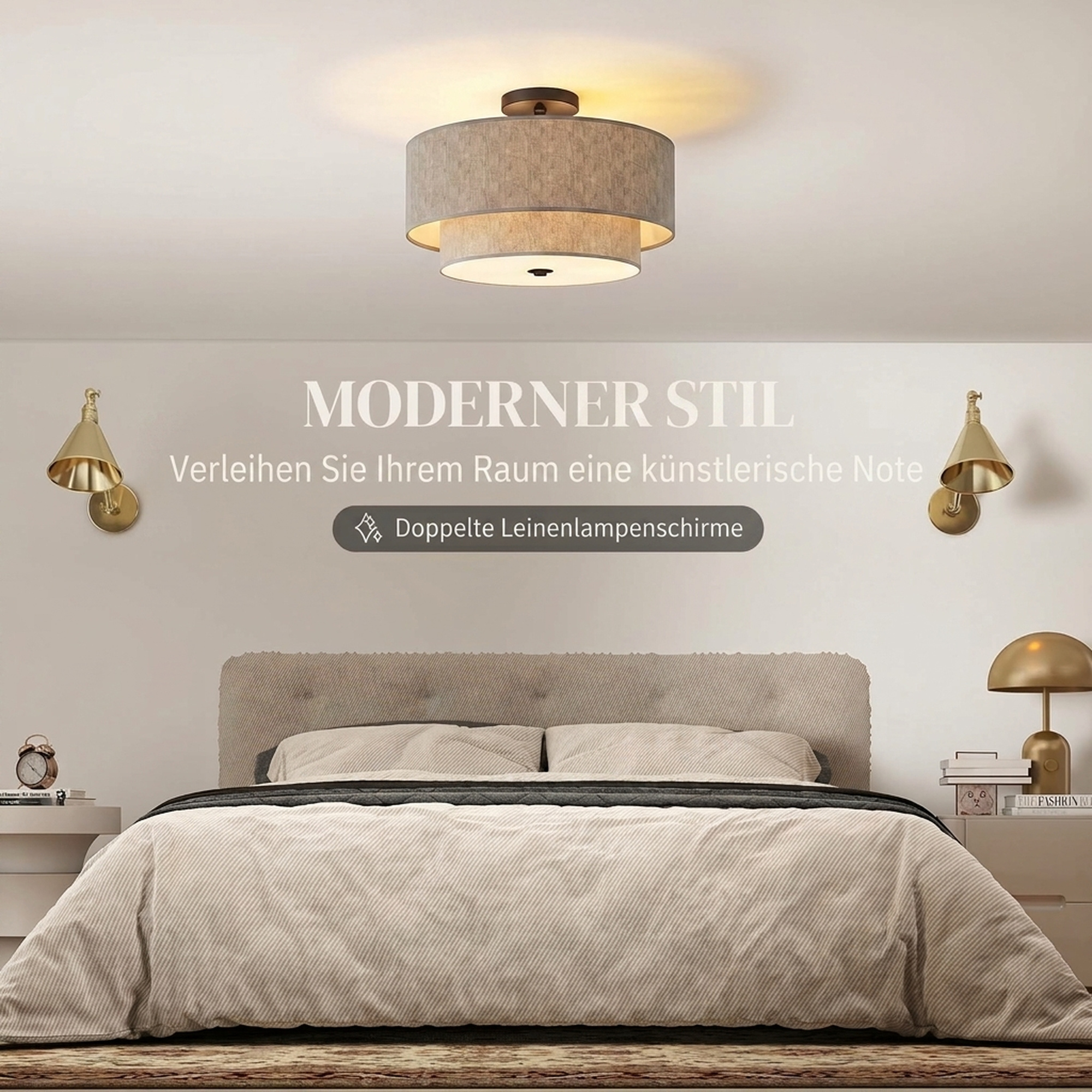 Deckenlampe, Hängeleuchte mit doppelten Schirmen in Leinenoptik, Taupe