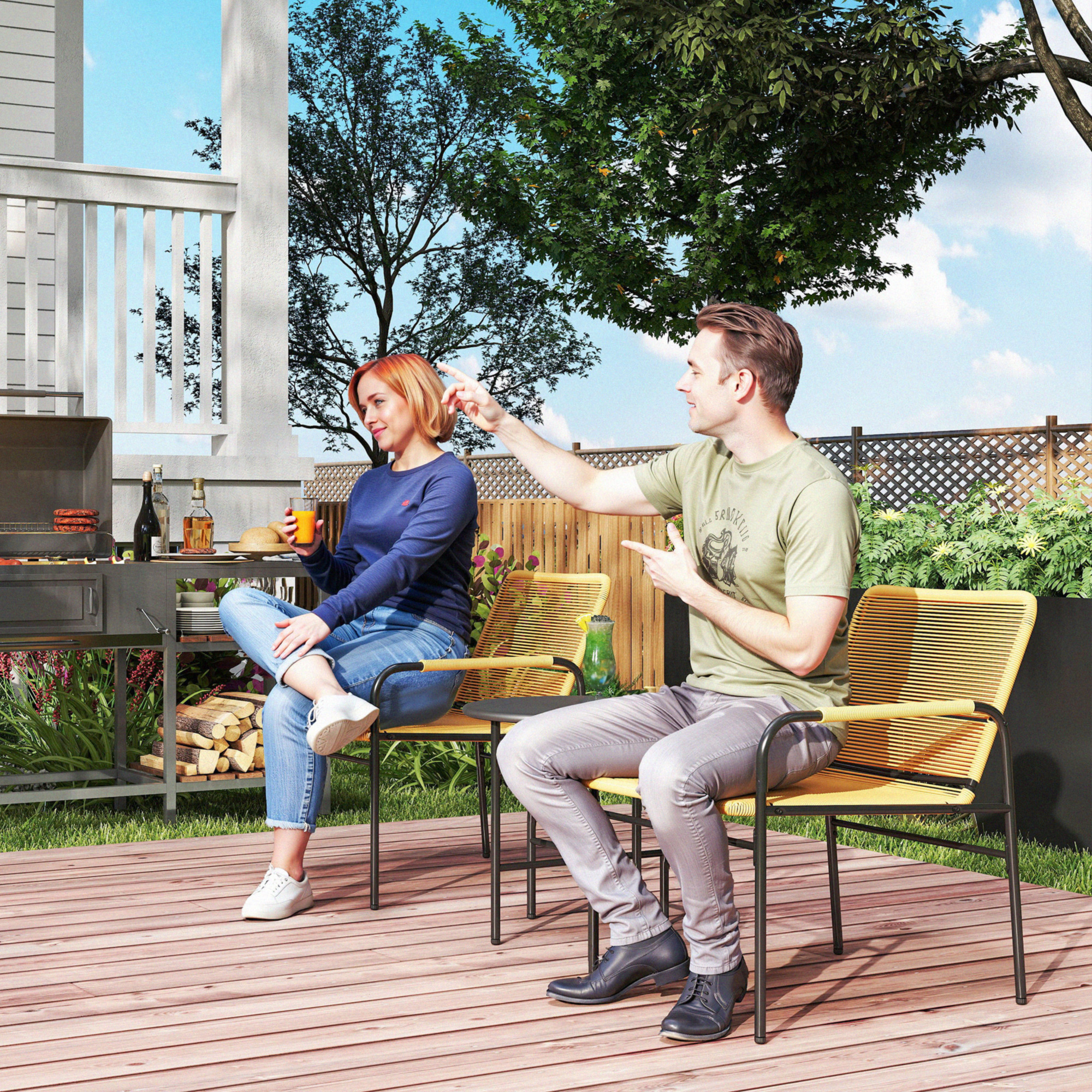 3-tlg, Rattan Bistroset, Sitzgruppe, Gartengarnitur mit 2 Gartensesseln, Couchtisch 54 x 66 x 76 cm Gelb