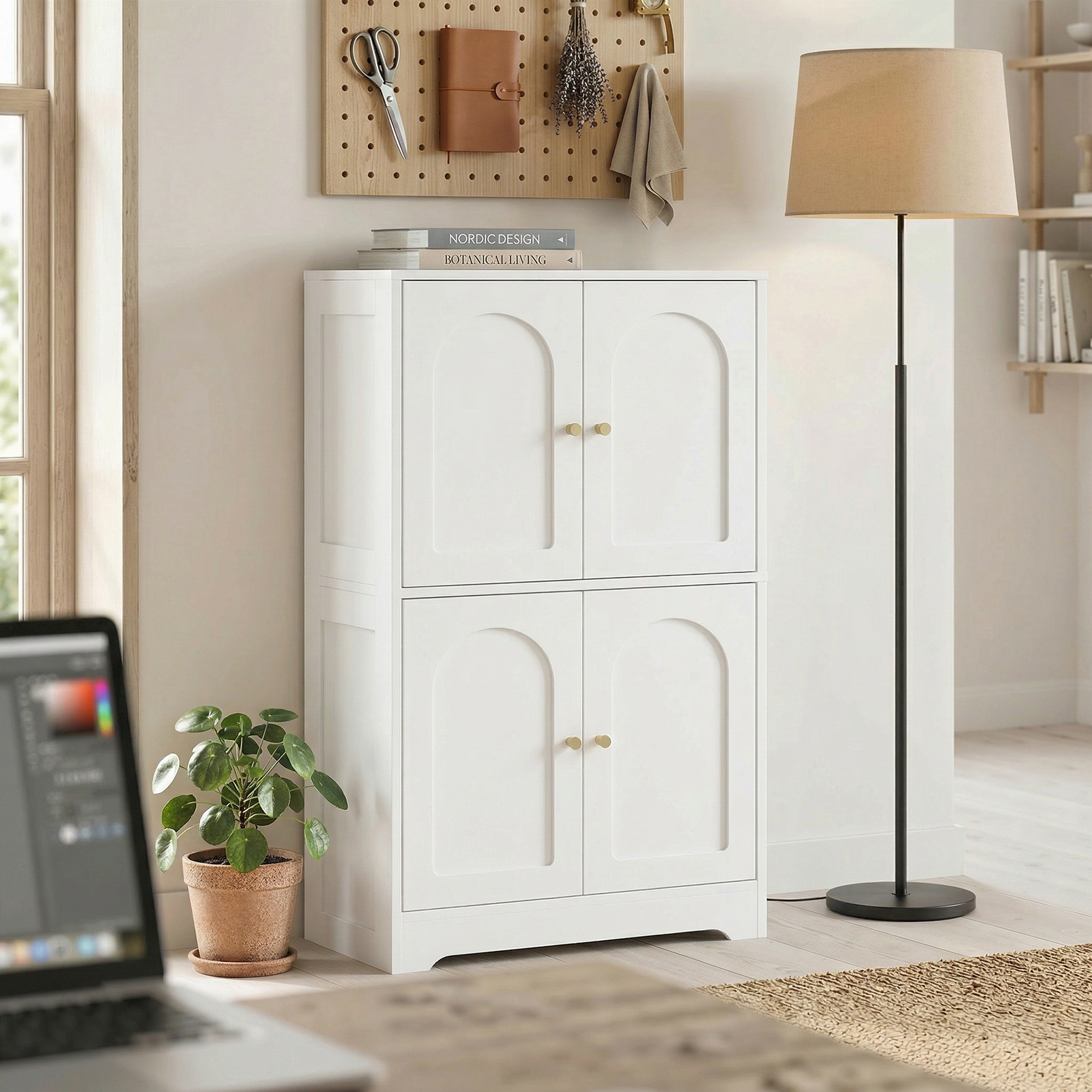 Küchenschrank, Hochschrank mit 2 verstellbaren Regalböden, Küchenbuffet mit 4 gewölbten Türen 60 x 30 x 110 cm, Weiß