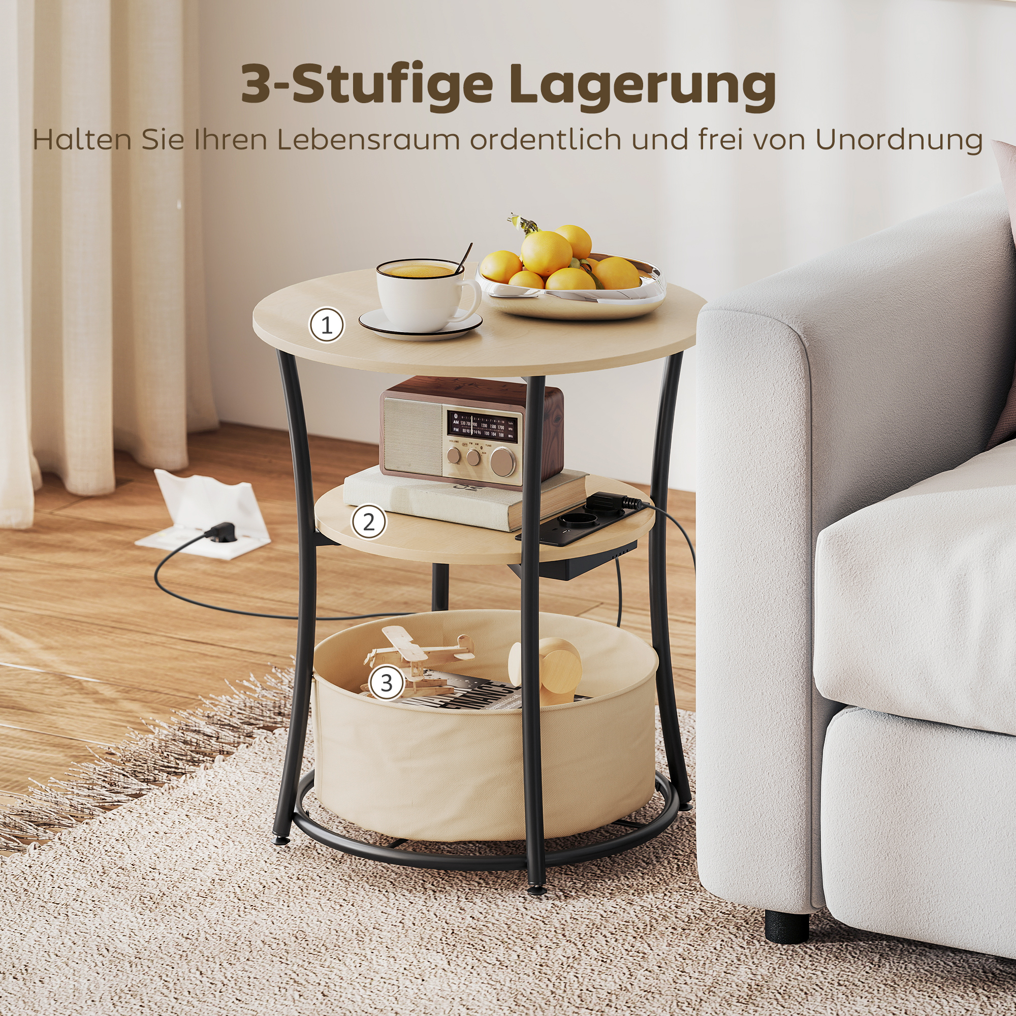 Beistelltisch 3-stufiger Couchtisch mit Ladestation, Stoff-Aufbewahrungstasche, Ablage, 50x50x55,1 cm Naturholz