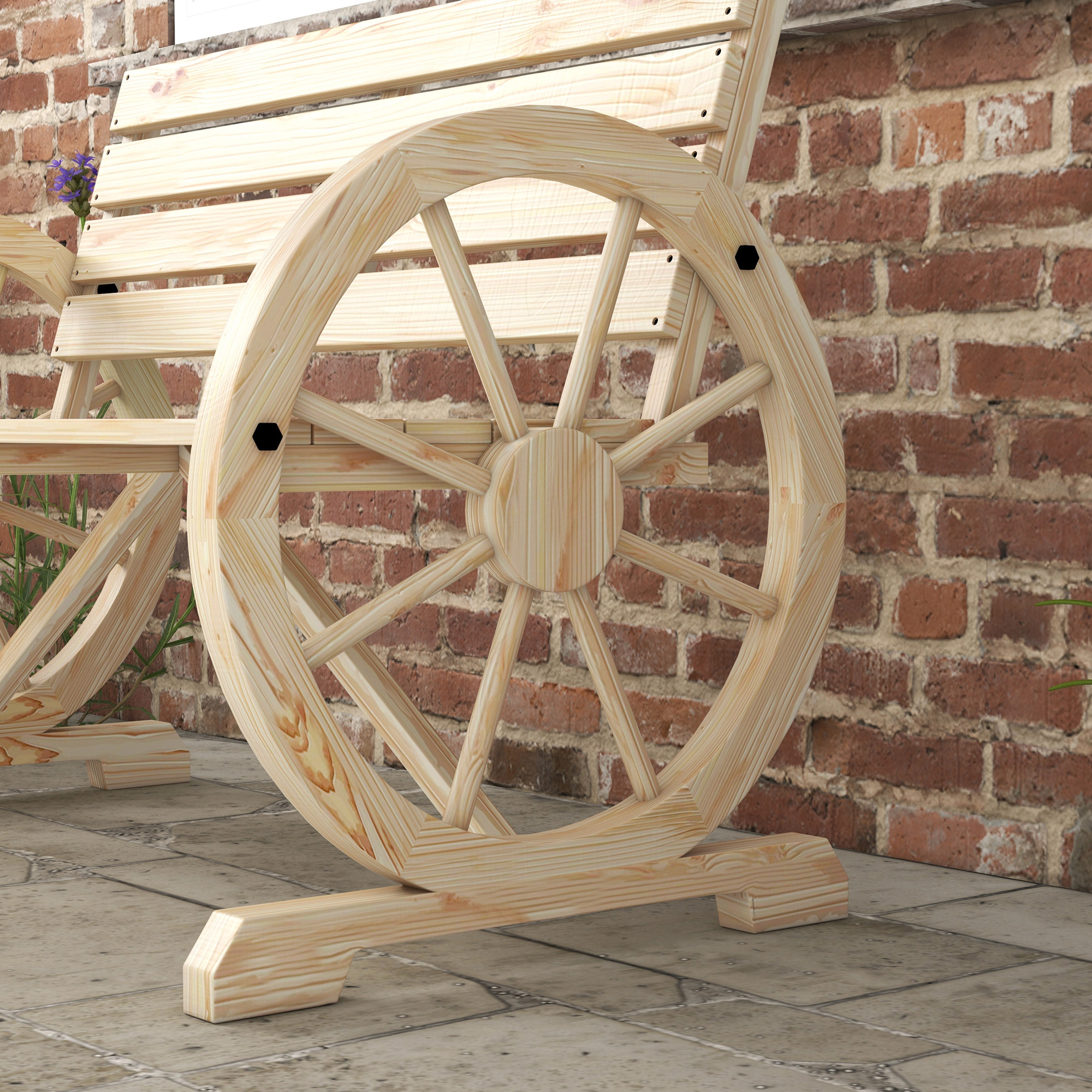 Gartenbank, Wagenrad-Design, für 2 Personen, Naturholz, dunkelbraun, 105,5 x 56 x 79 cm, Natur