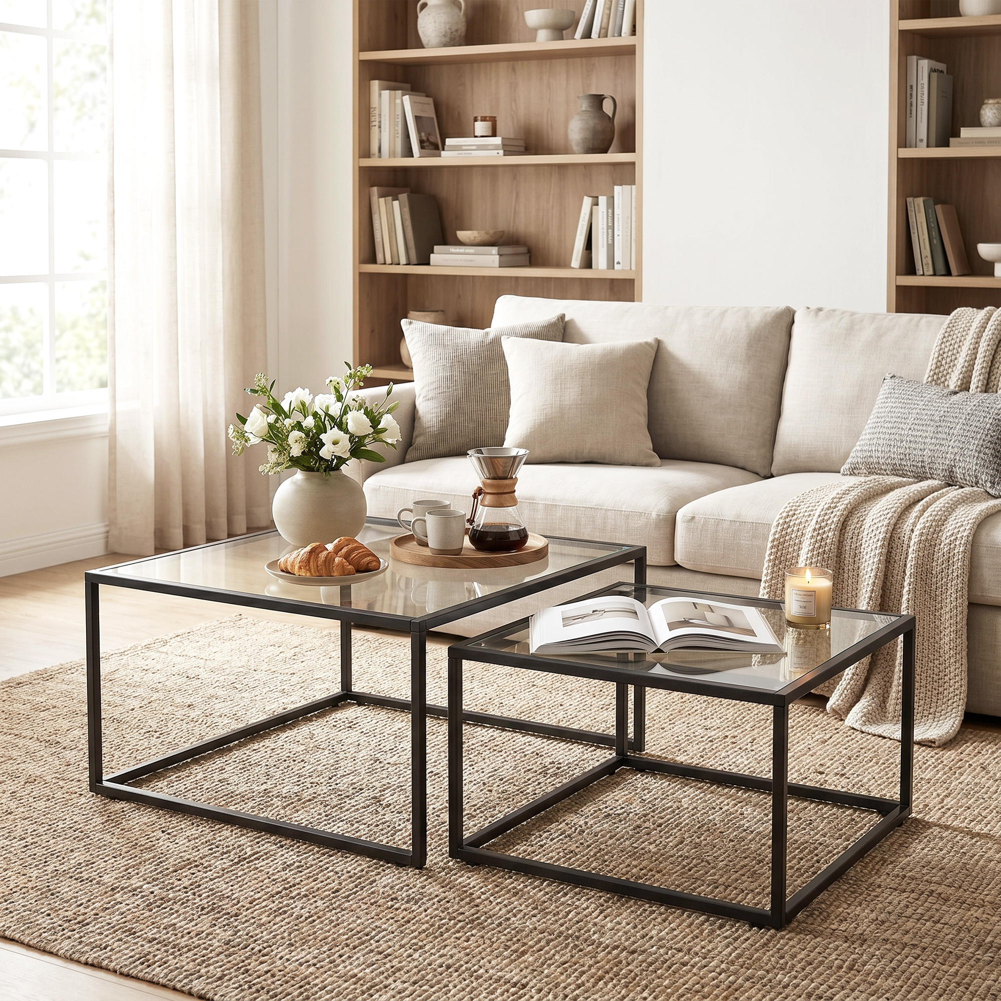 Couchtische 2er-Set Satztisch mit gehärteter Glasplatte und Metallrahmen, für Wohnzimmer Schwarz