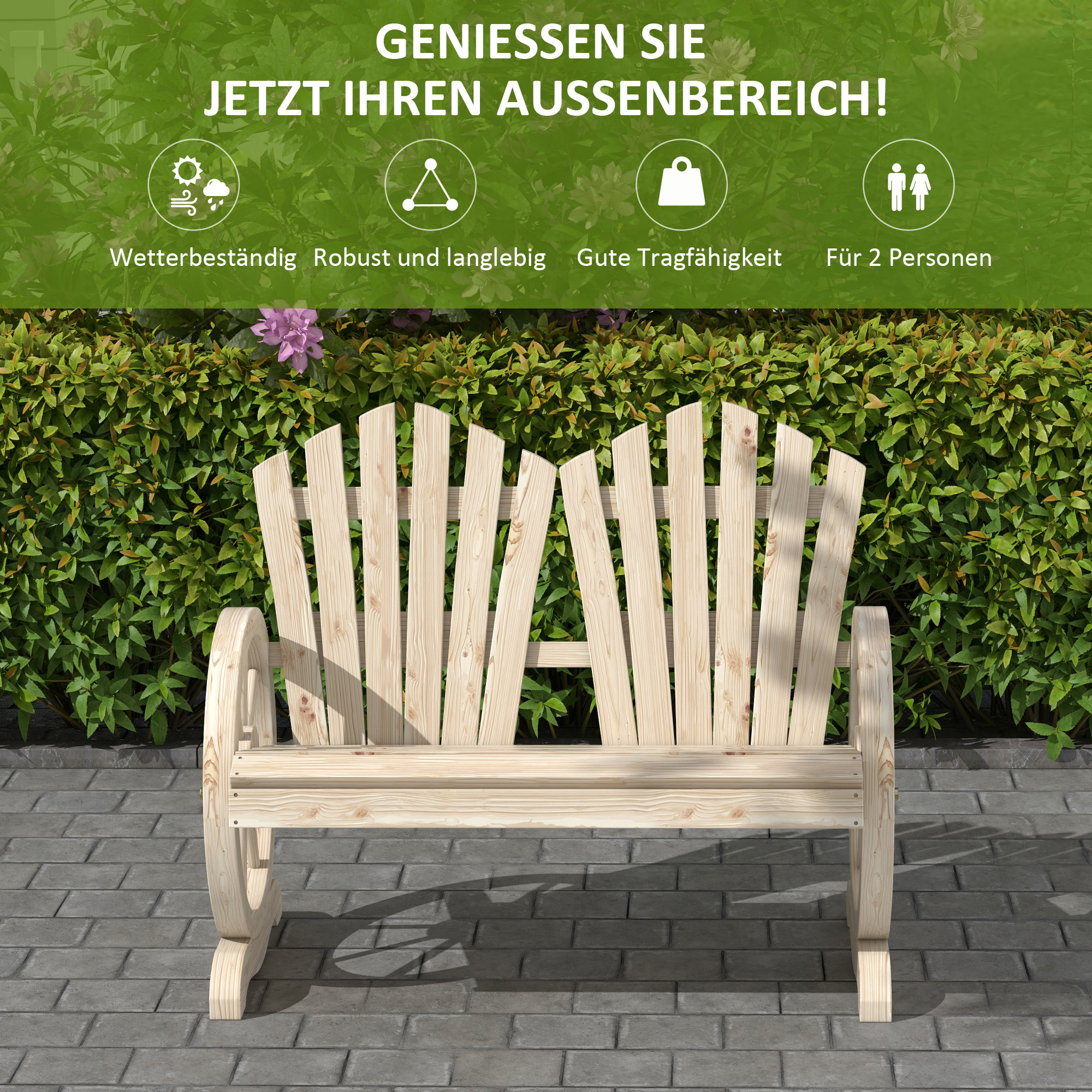 Gartenbank, Wagenrad-Design, für 2 Personen, Naturholz