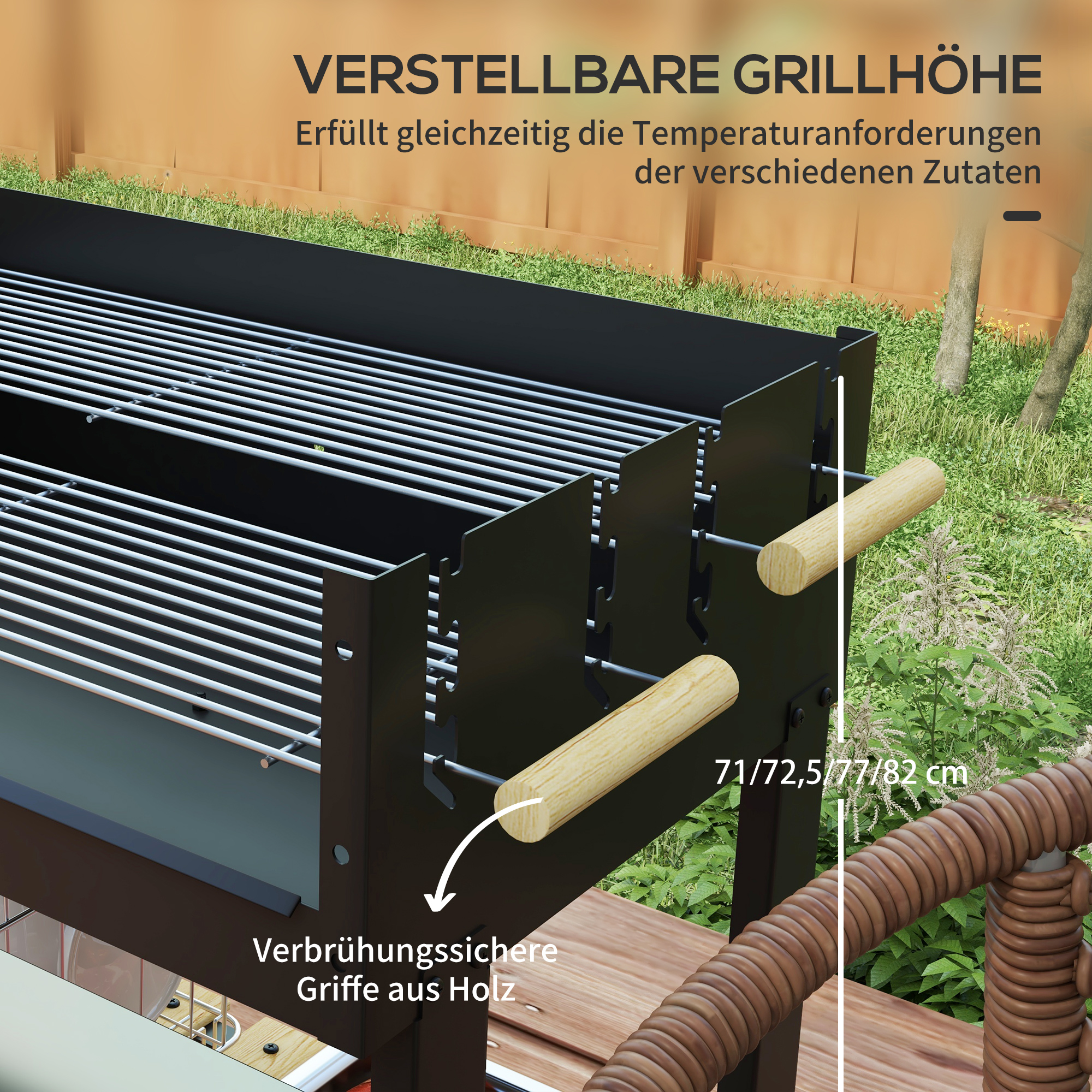Kohlegrill, Grillwagen, 2 Grillflächen, 2 Räder, Griffe, Ablagen, 113 x 53,5 x 82,5 cm, Schwarz