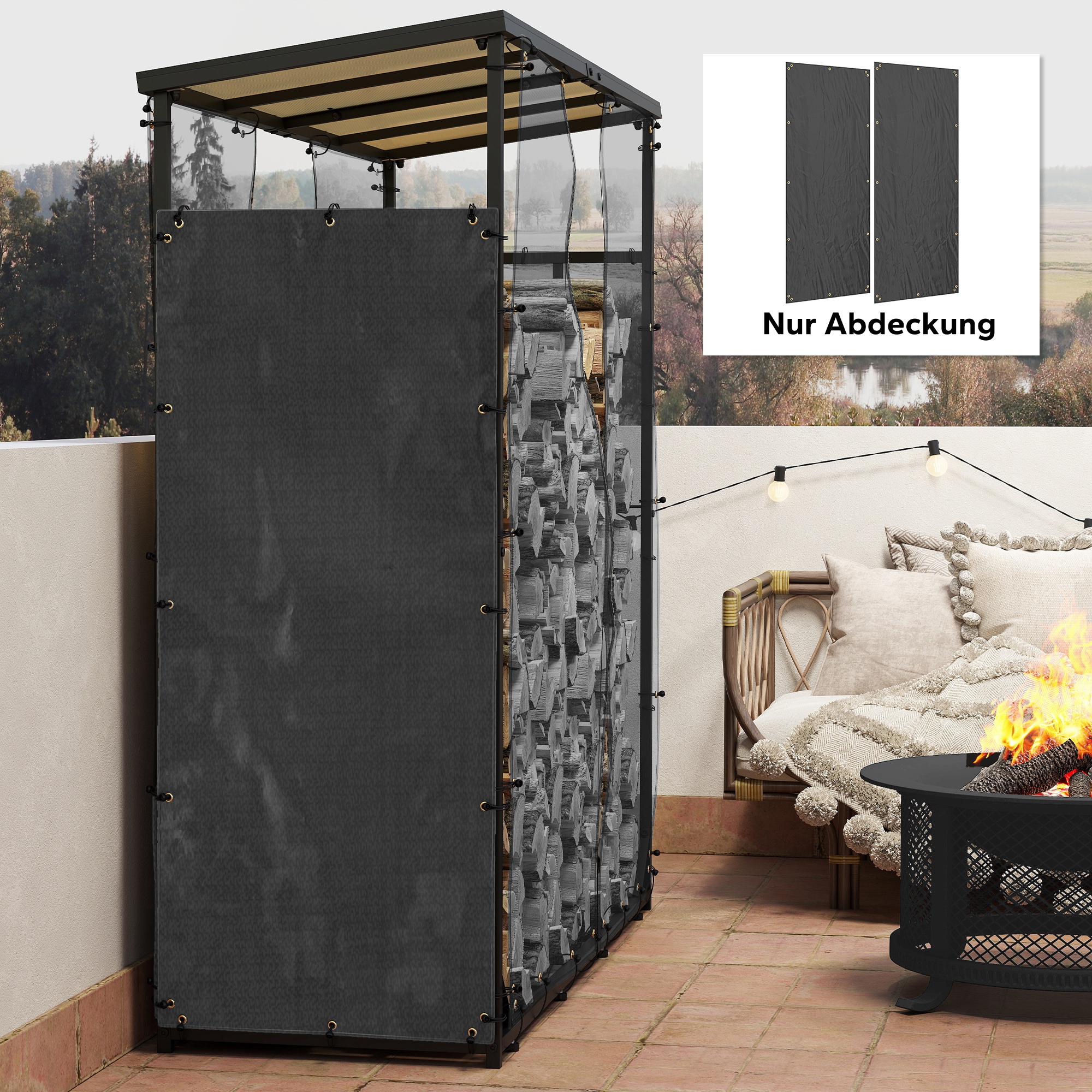 Abdeckung für Brennholzregal, 2er-Set, wetterfest & staubdicht, 148 x 62 cm, Schwarz