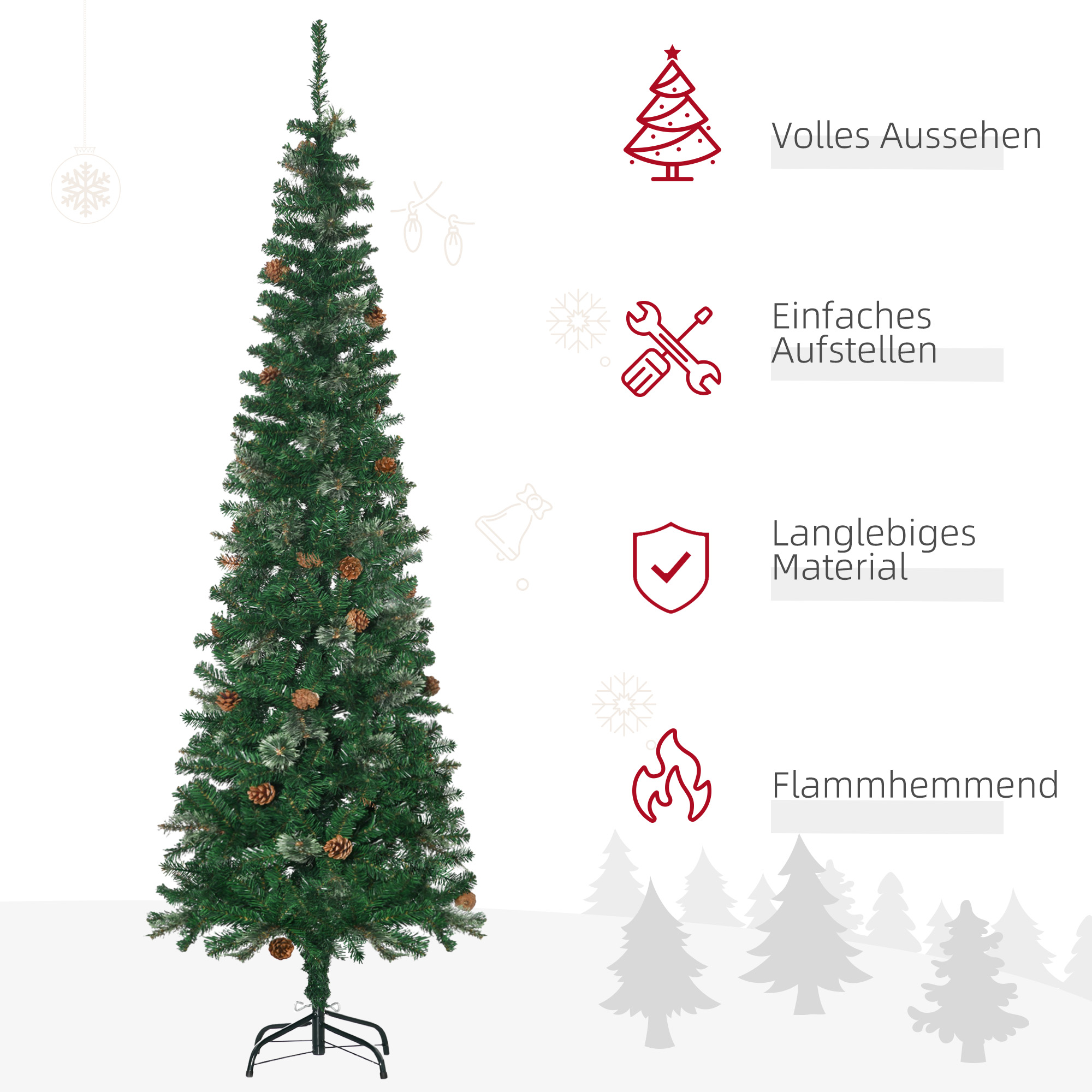 Künstlicher Weihnachtsbaum, schlank, Tannenzapfen, flammenhemmend, 54 x 195 cm, Grün