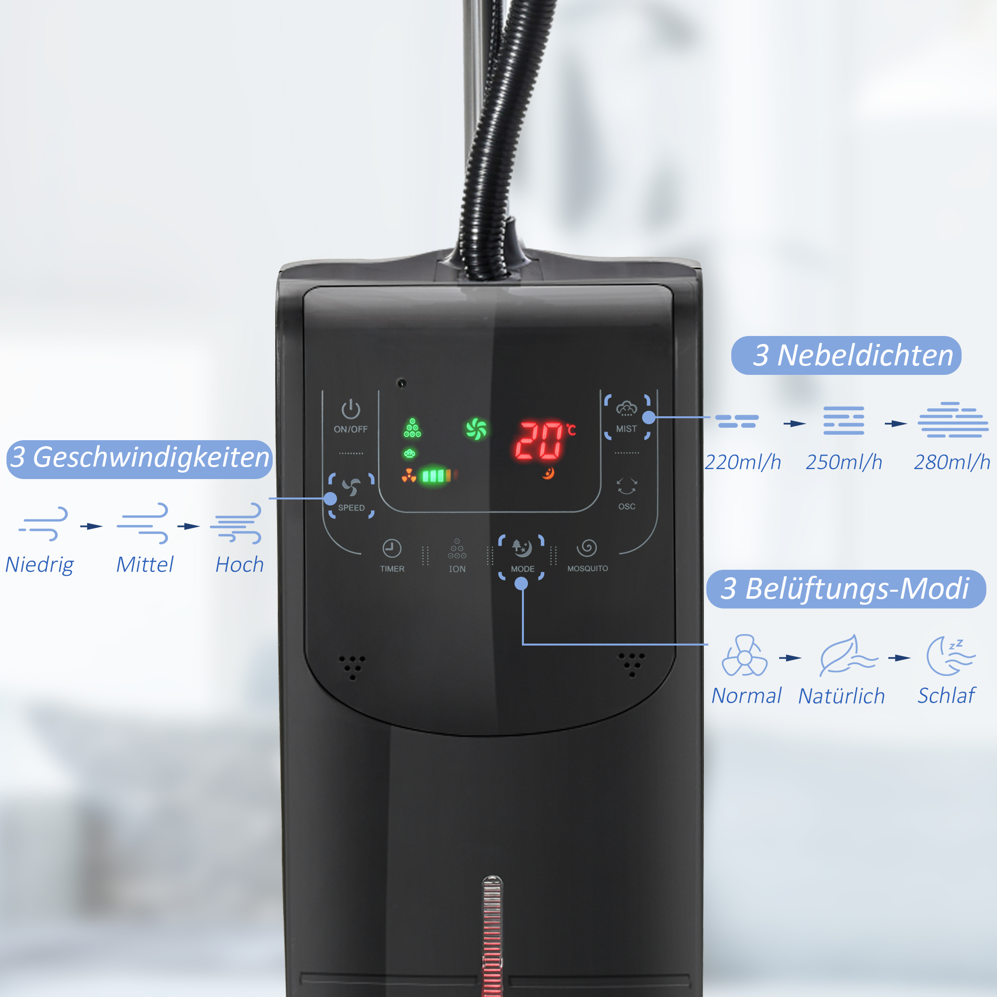 Ventilator mit Wasserkühlung, Standventilator mit Sprühnebel, Fernbedienung, oszillierend, Timer, 3,1 L Wassertank, 3 Modi, 90 W Wasserventilator mit Rollen, 135 cm