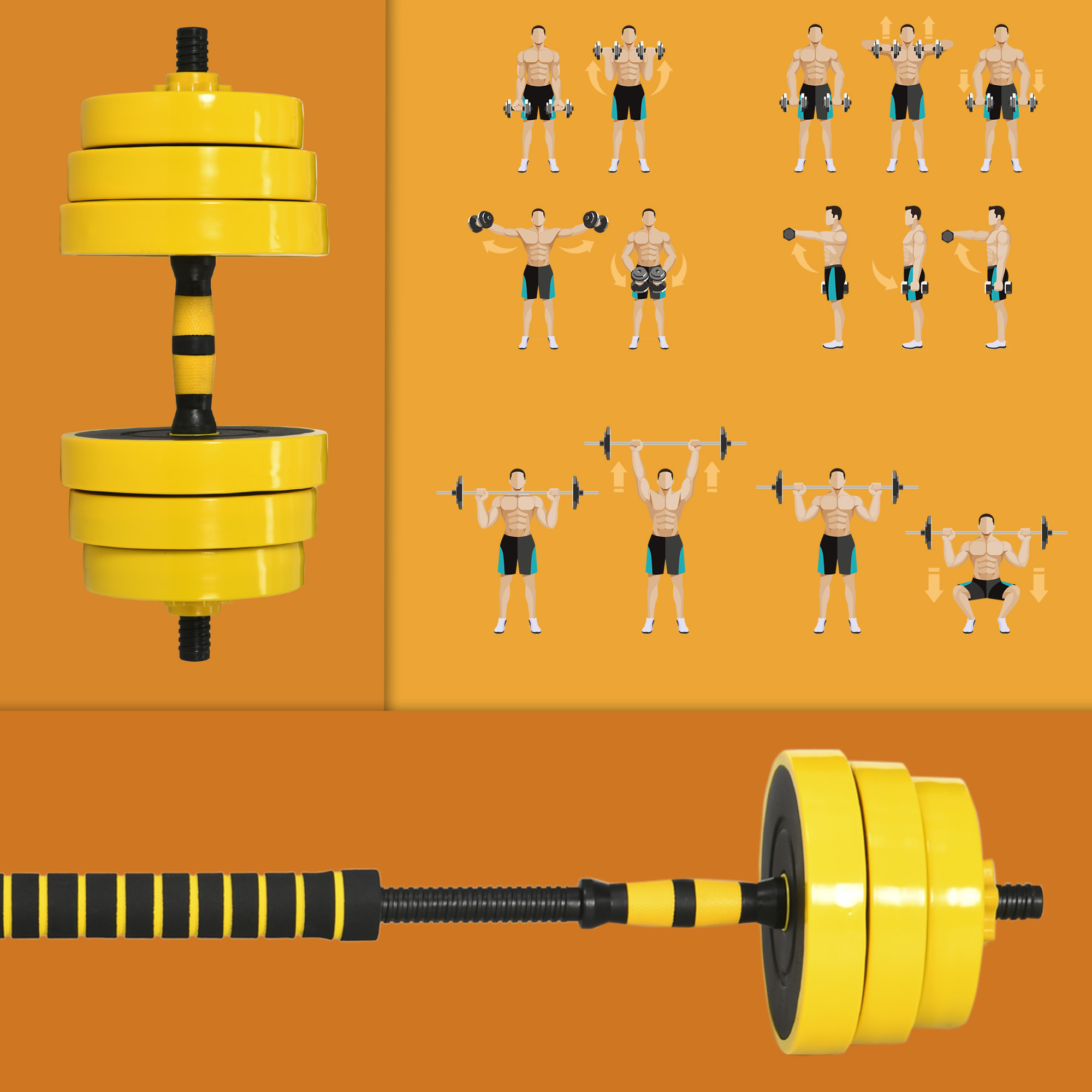 25 kg Hantel & Langhantel, einstellbare ergonomische 3-in-1 Hantelset,12 × Platten,2 × Kurze Stöcke,1 × Langer Stock,Gelb+Schwarz