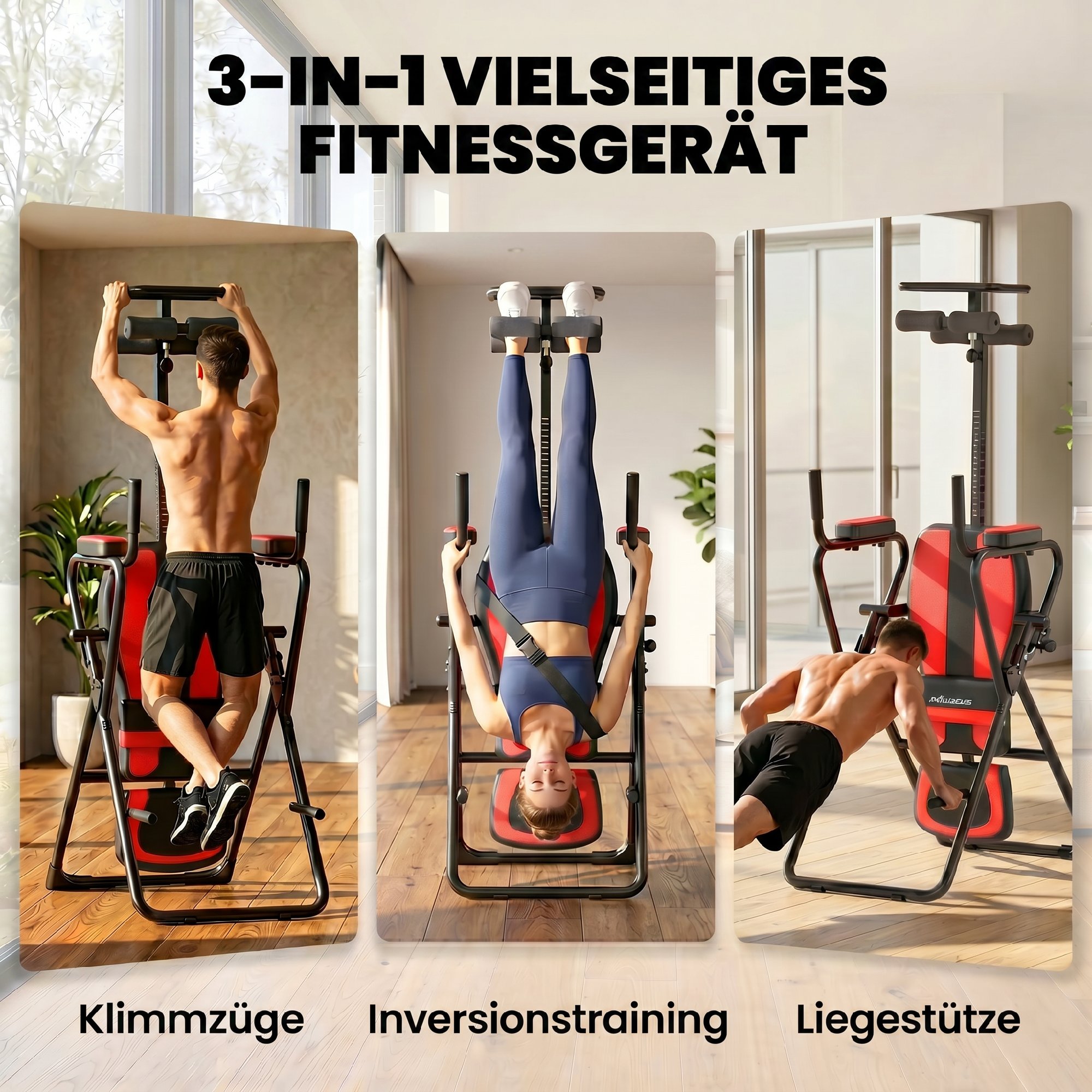 3-in-1 Inversionsbank Inversionstisch mit 3 Inversionswinkel Liegestütz- & Klimmzugstangen Kopfstütze