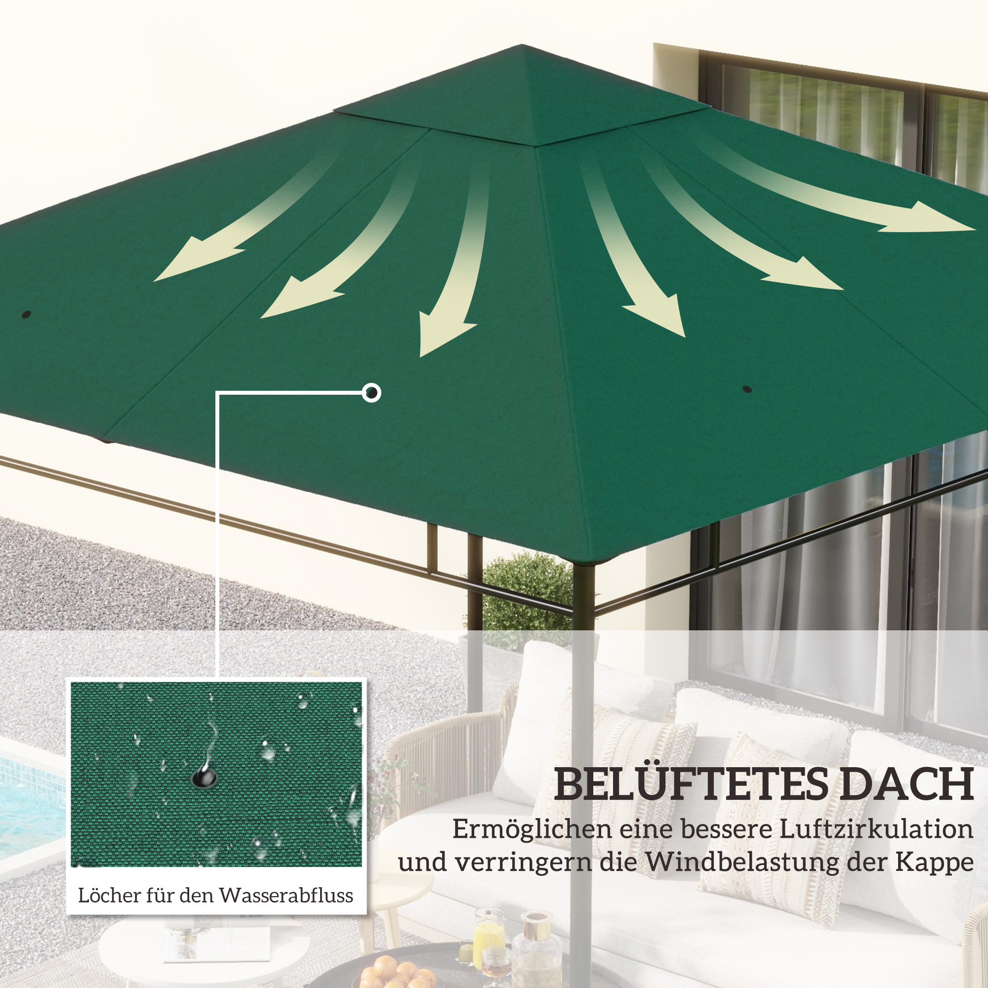 Ersatzdach für Gartenpavillon, 8 Wasserabflusslöcher, einfache Montage, Polyester, grün, 2,98 x 2,98 m