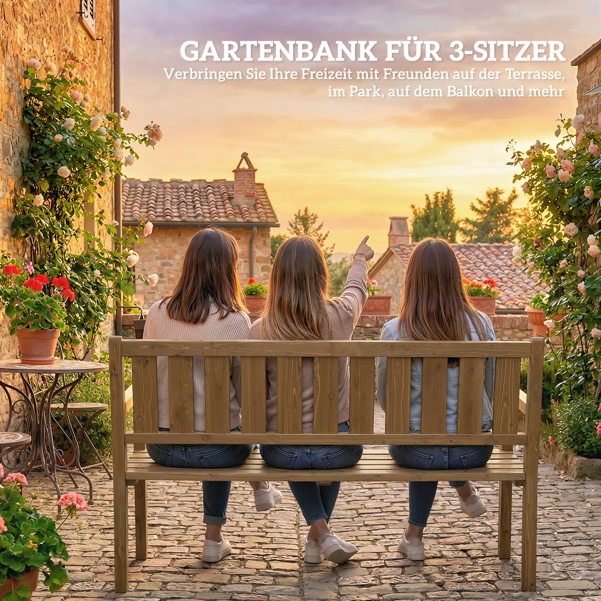 Gartenbank 3-Sitzer Wetterfest Holzbank mit Rückenlehne Armlehnen, Holz Sitzbank 360 kg belastbar Teak