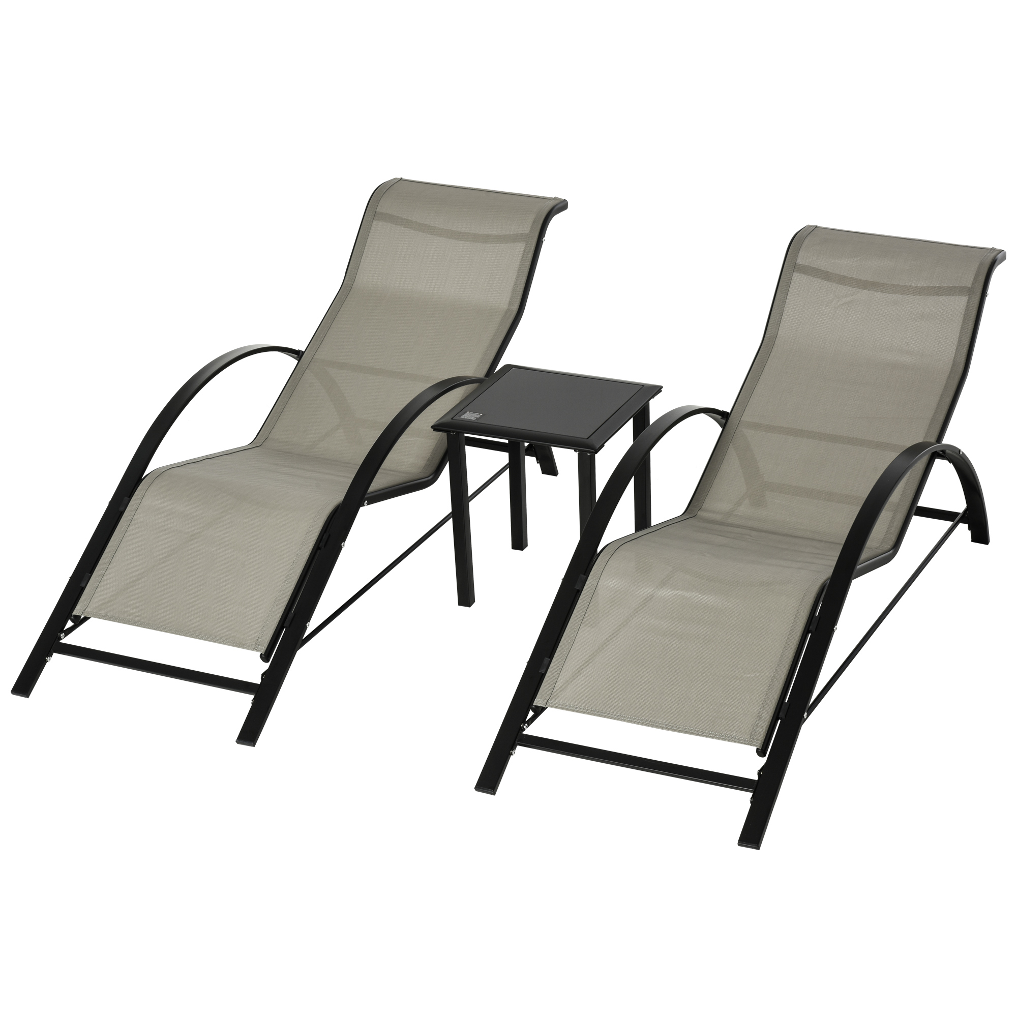 3-tlg. Gartenliegen-Set, 2 Sonnenliegen & 1 Beistelltisch, Metallrahmen, Grau+Schwarz