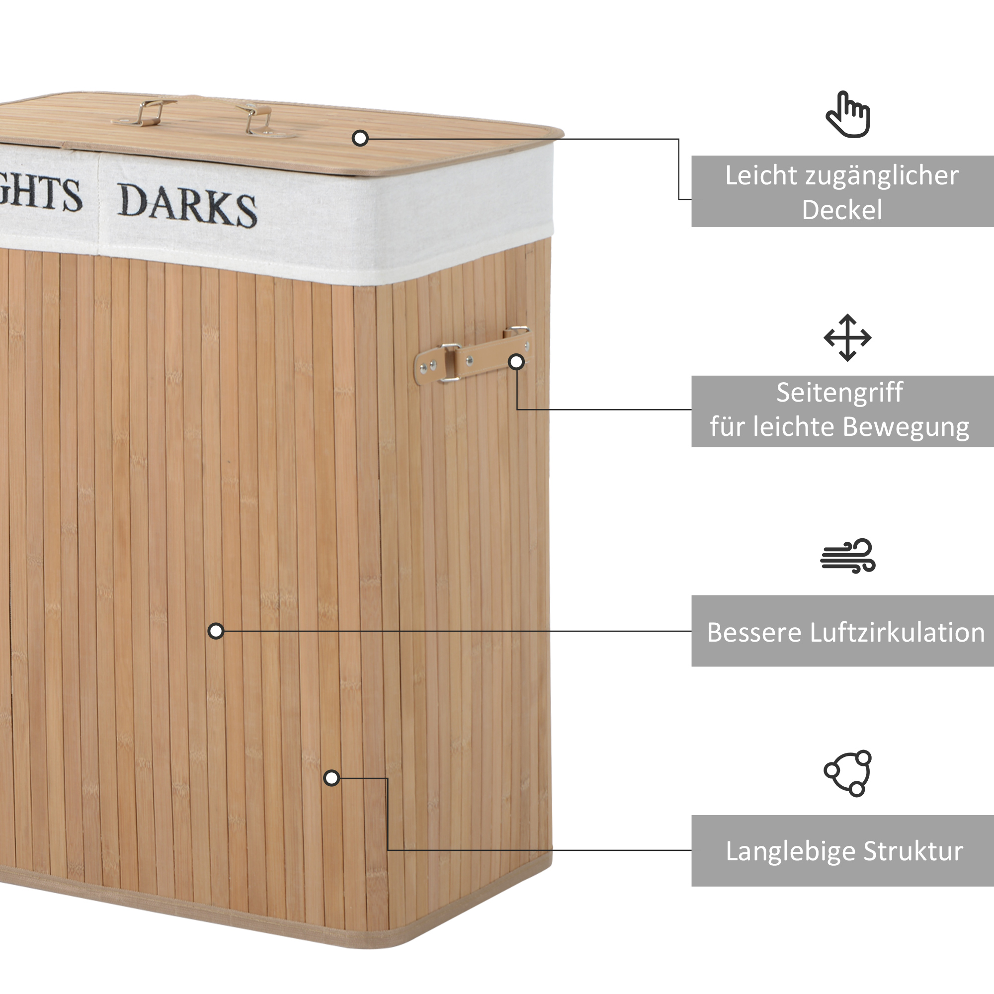 Bambus Wäschekorb mit Deckel 100 L Wäschesammler mit PU-Griffen, Wäschesack aus Segeltuch, Laundry Baskets Wäschesortierer für Waschküche Schlafzimmer Badezimmer Natur
