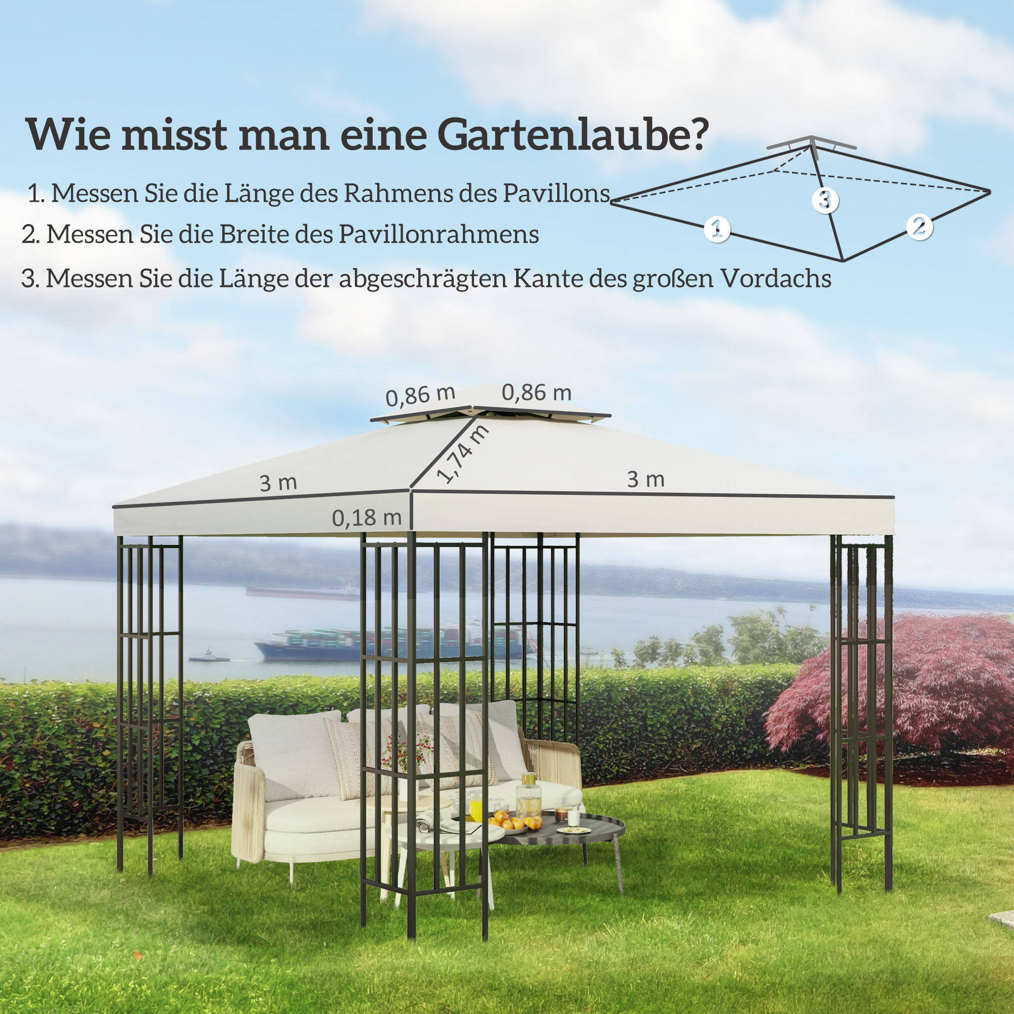 Ersatzdach für Pavillon 3 x 3 m wasserdicht Pavillondach mit Doppeldach Ablauflöcher, Ersatzbezug Ersatzteile für Gartenpavillon Gartenzelt Cremeweiß
