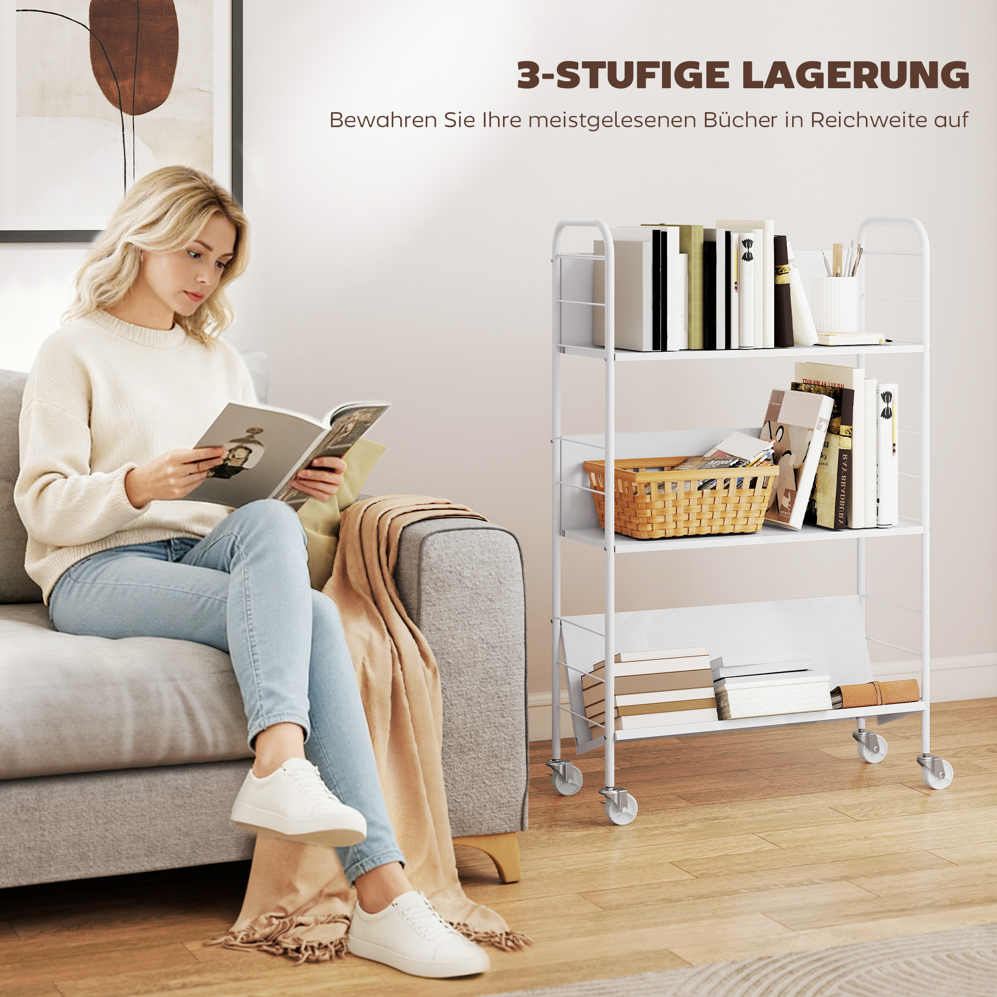 Bücherregal Aufbewahrungsregal mit 3 Ebenen, Rädern, Spielzeugregal für Schlafzimmer, 69 x 26 x 108 cm, Weiß