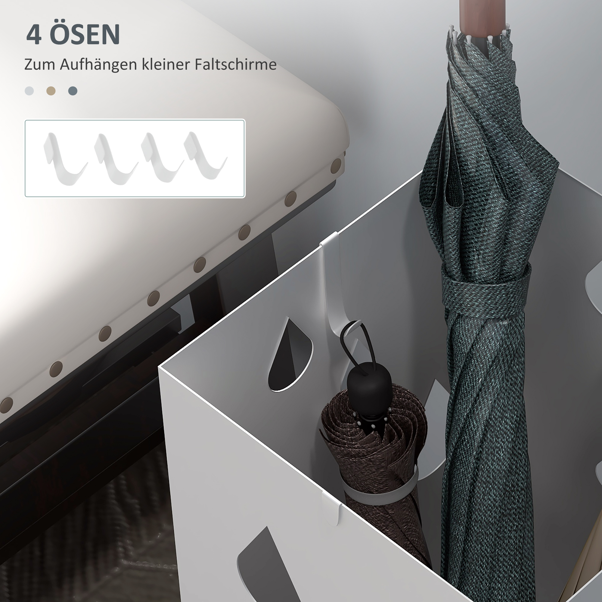Schirmständer, 4 Haken, Tropfschale, Stahl, Weiß