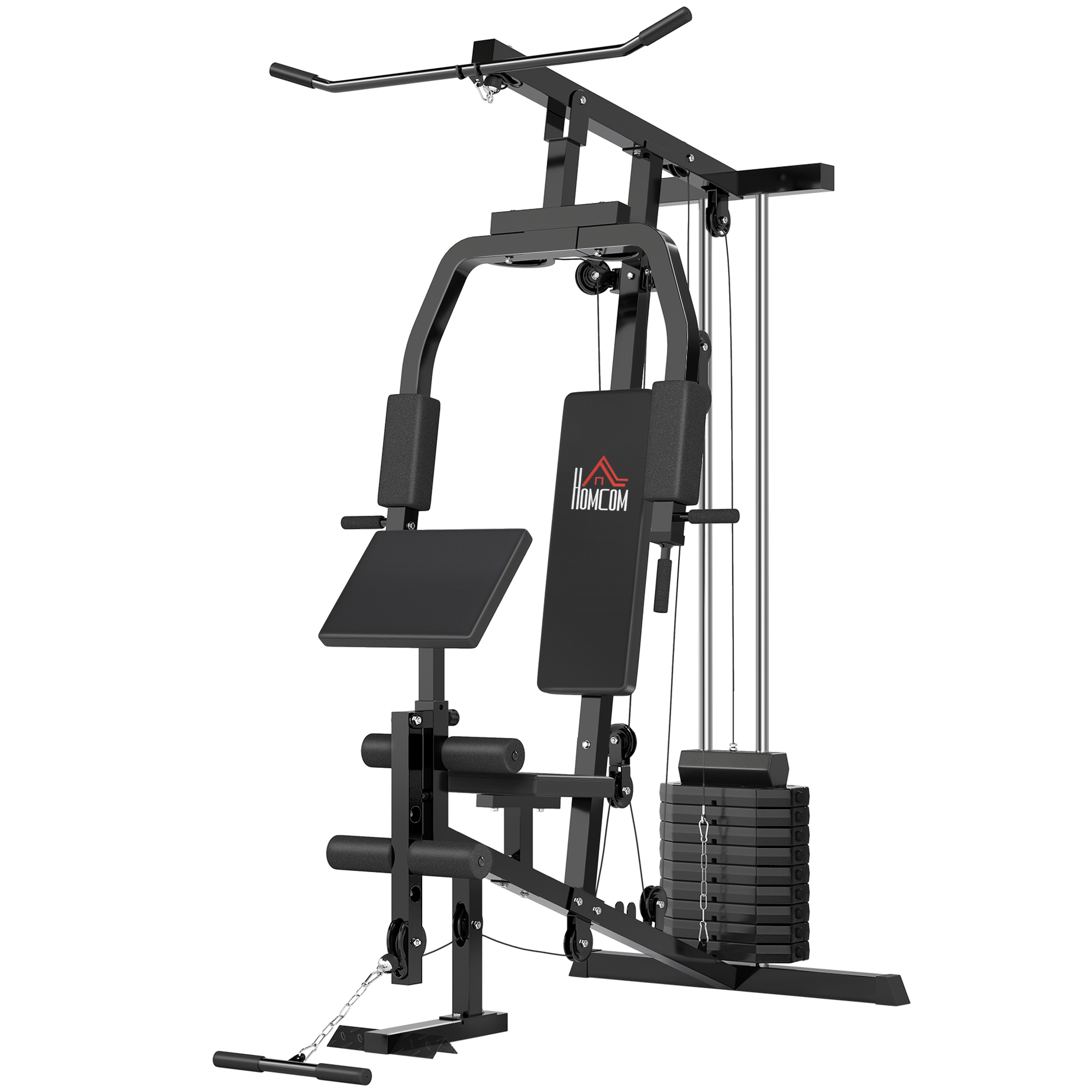 Kraftstation für Zuhause Fitnessstation mit Latzuggerät, Kabelzug, kurzer Bizepsstange, Brustpresse, Beintrainer, Butterfly-Maschine 45kg Gewichten Multifunktion Fitnessstation Schwarz