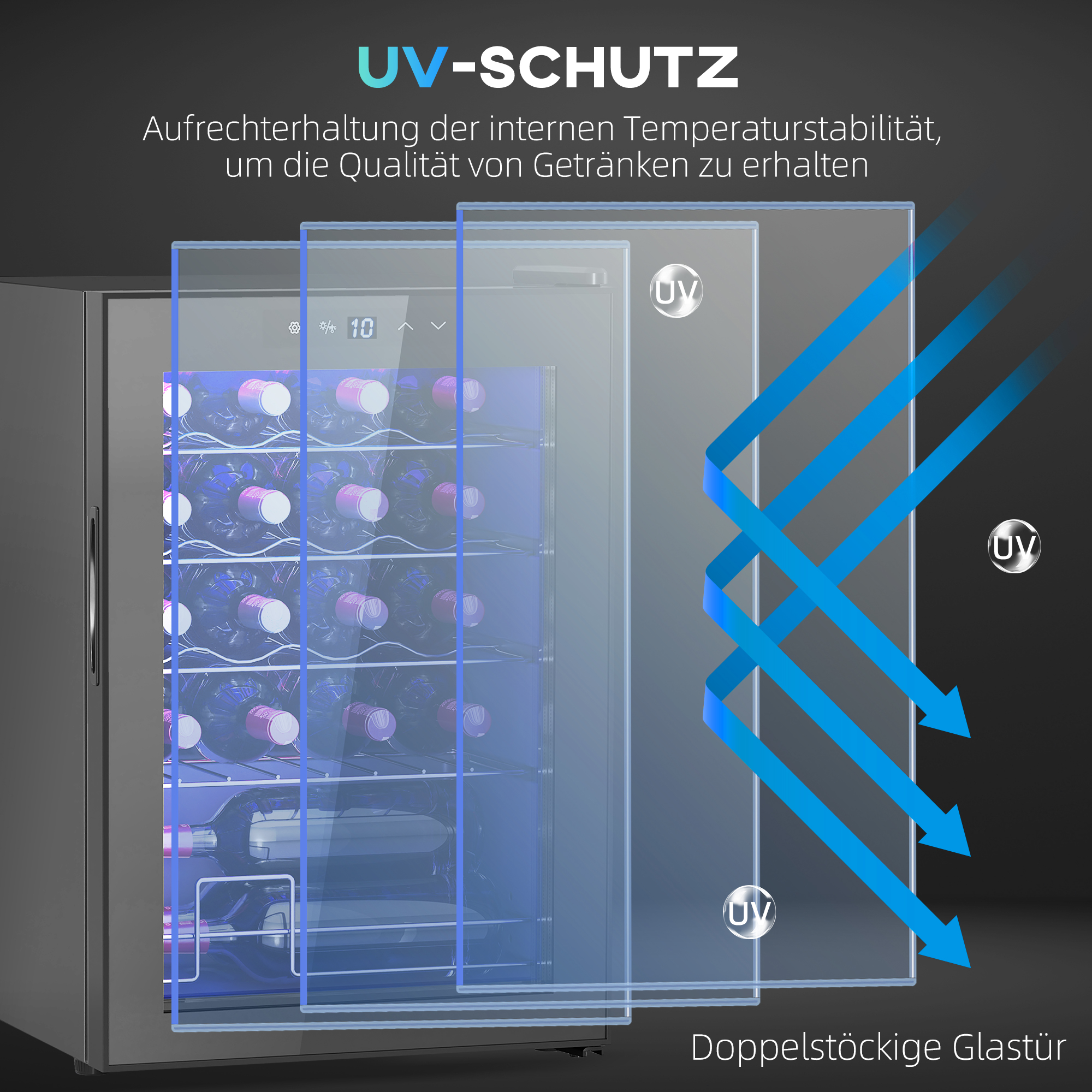 kleiner Weinkühlschrank, Mini-Kühlschrank für 20 Flaschen, 53 Liter Kapazität, mit Glastür, LED-Beleuchtung, Schwarz