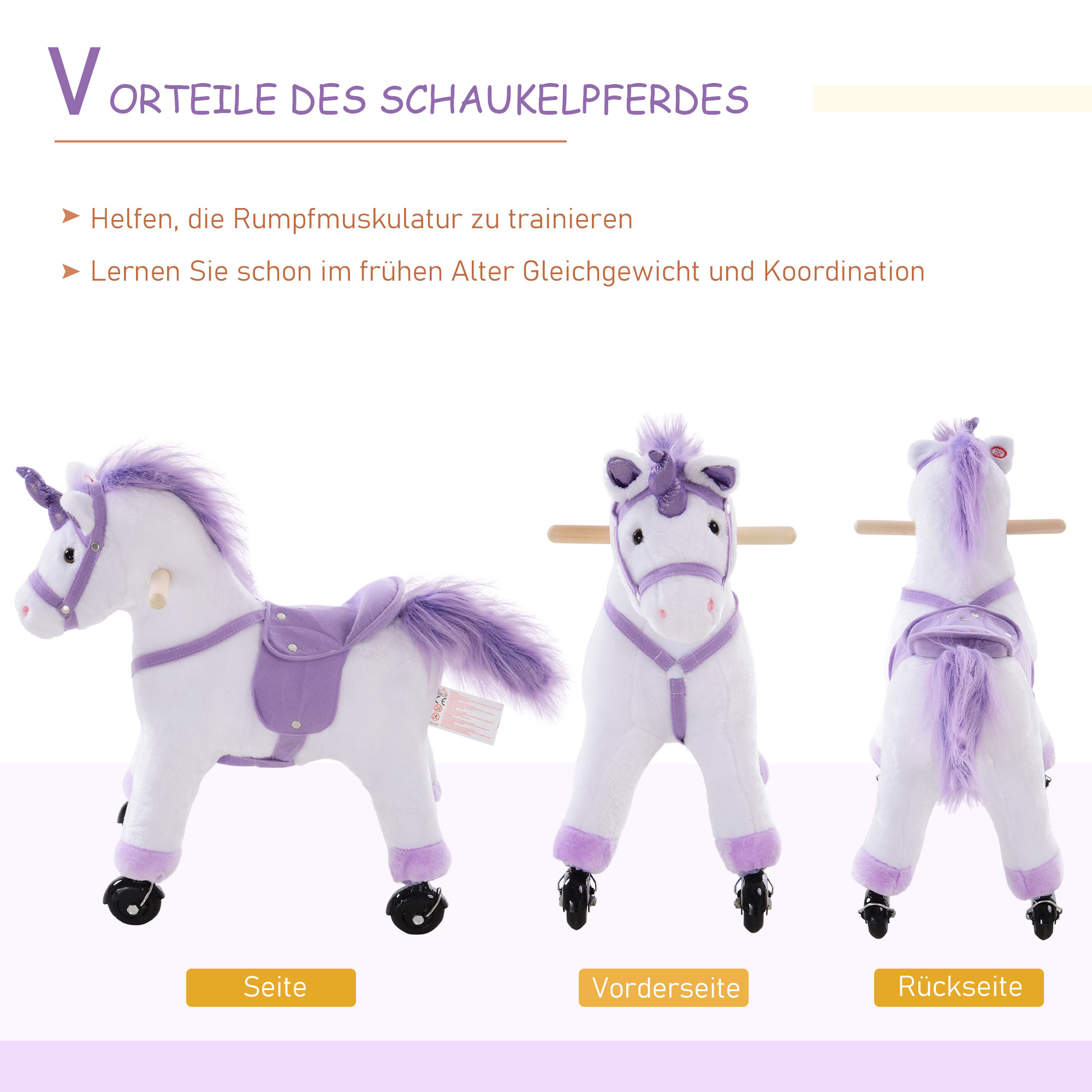 Reitpferd auf Rollen Spielpferd Reittier  Wiehern Plüsch Lila 55 x 23 x 60 cm