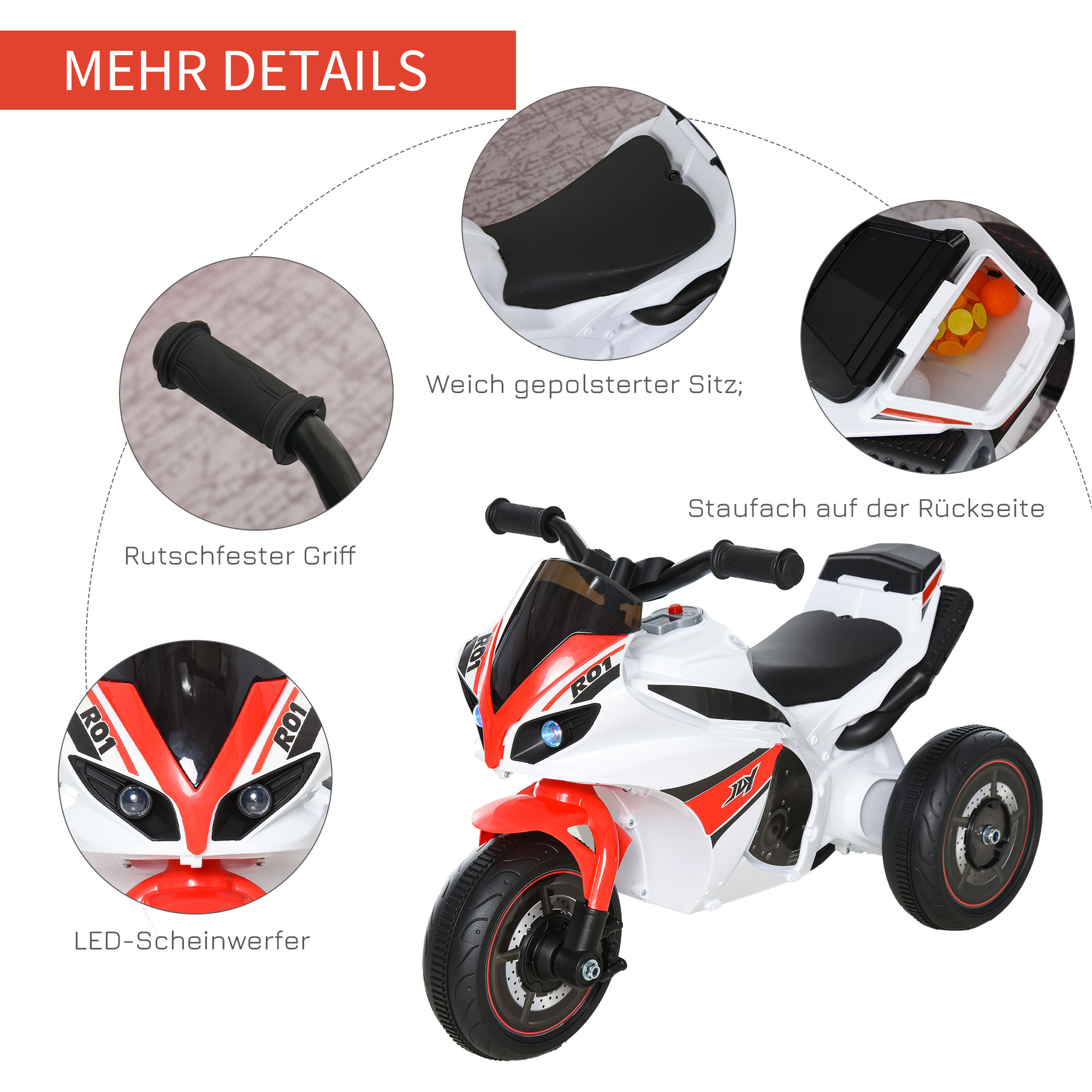 Laufrad, Rutscher, Kindermotorrad, 18-36 Monate, Musik/Licht, bis 20 kg, Weiß/Rot