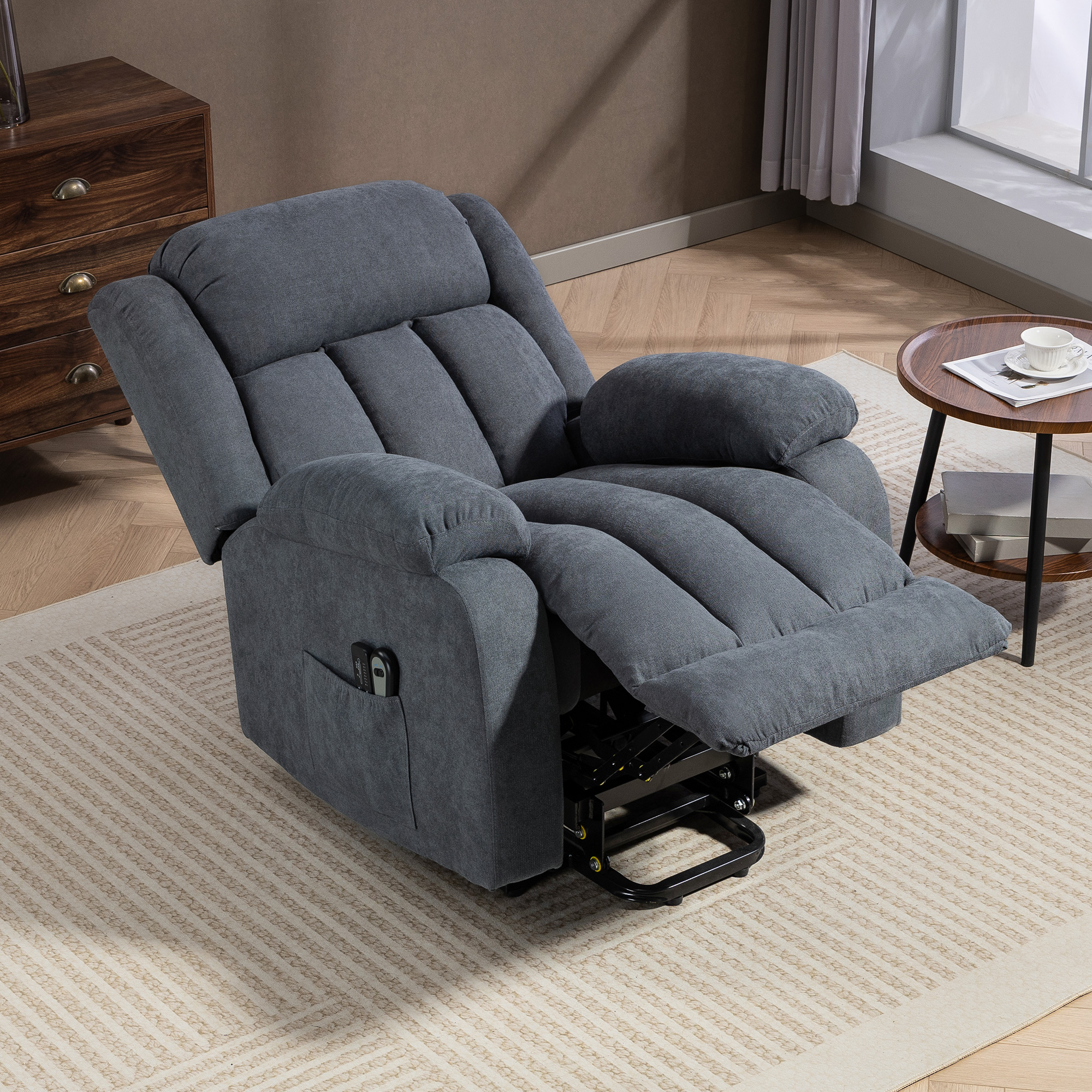 Fernsehsessel mit Aufstehhilfe Elektrisch Relaxsessel mit Liegefunktion, Massagefunktion, 93x91x103 cm, Dunkelgrau