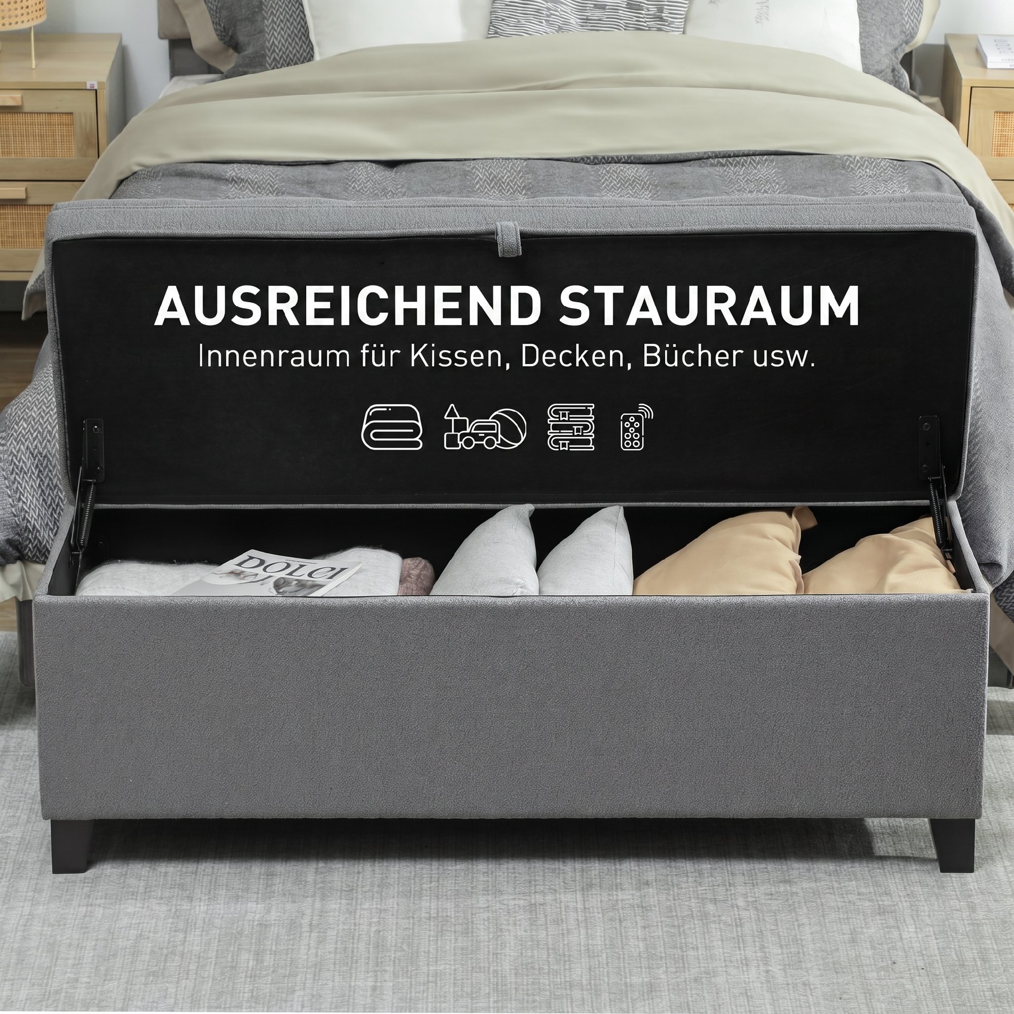 Sitzbank mit Stauraum, Polsterbank 120x40x48 cm mit Sicherheits-Scharniern, Leinenoptik, Dunkelgrau