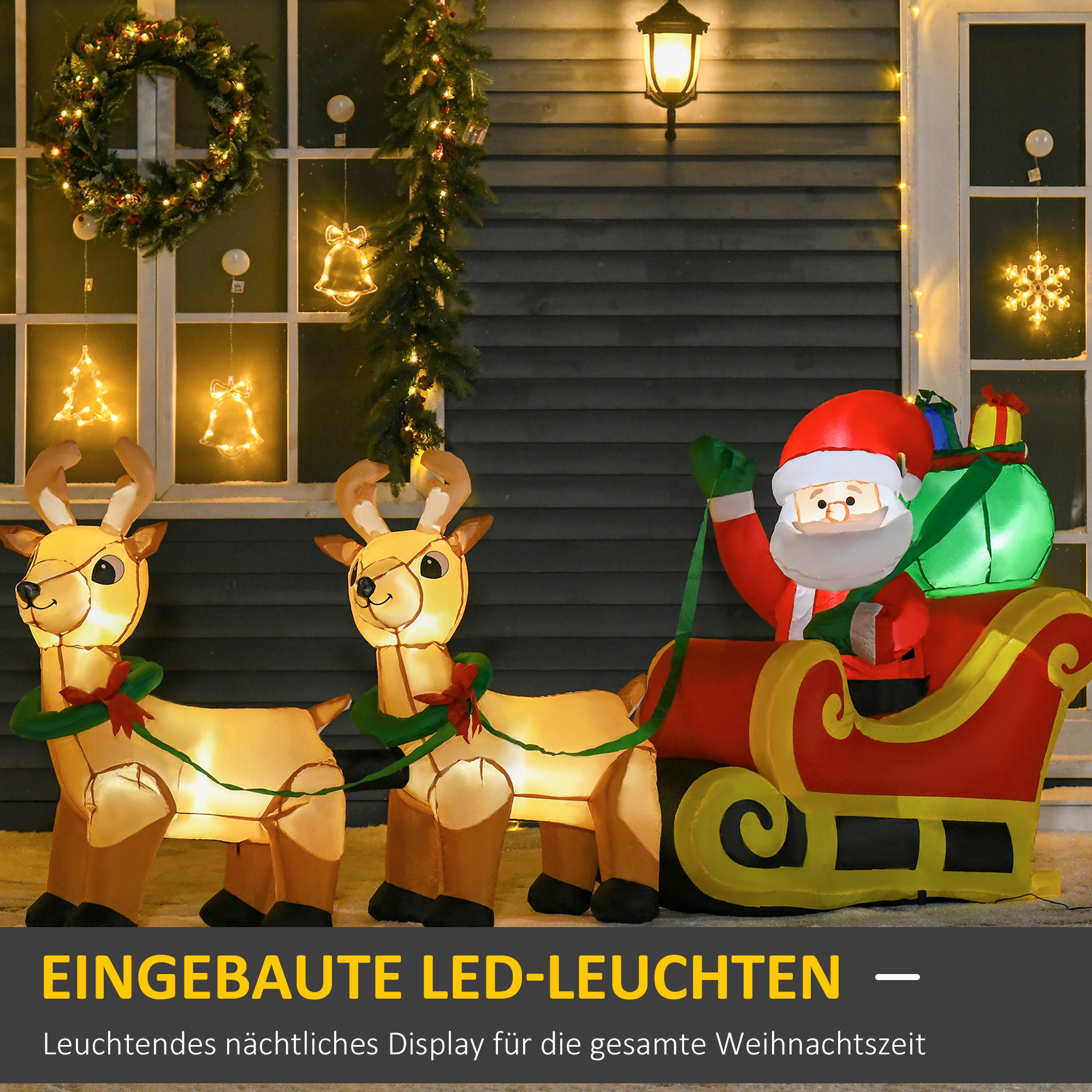 Aufblasbarer Weihnachtsmann mit Schlitten, 6 LED-Lichter, wasserdicht, 240 x 57 x 112 cm