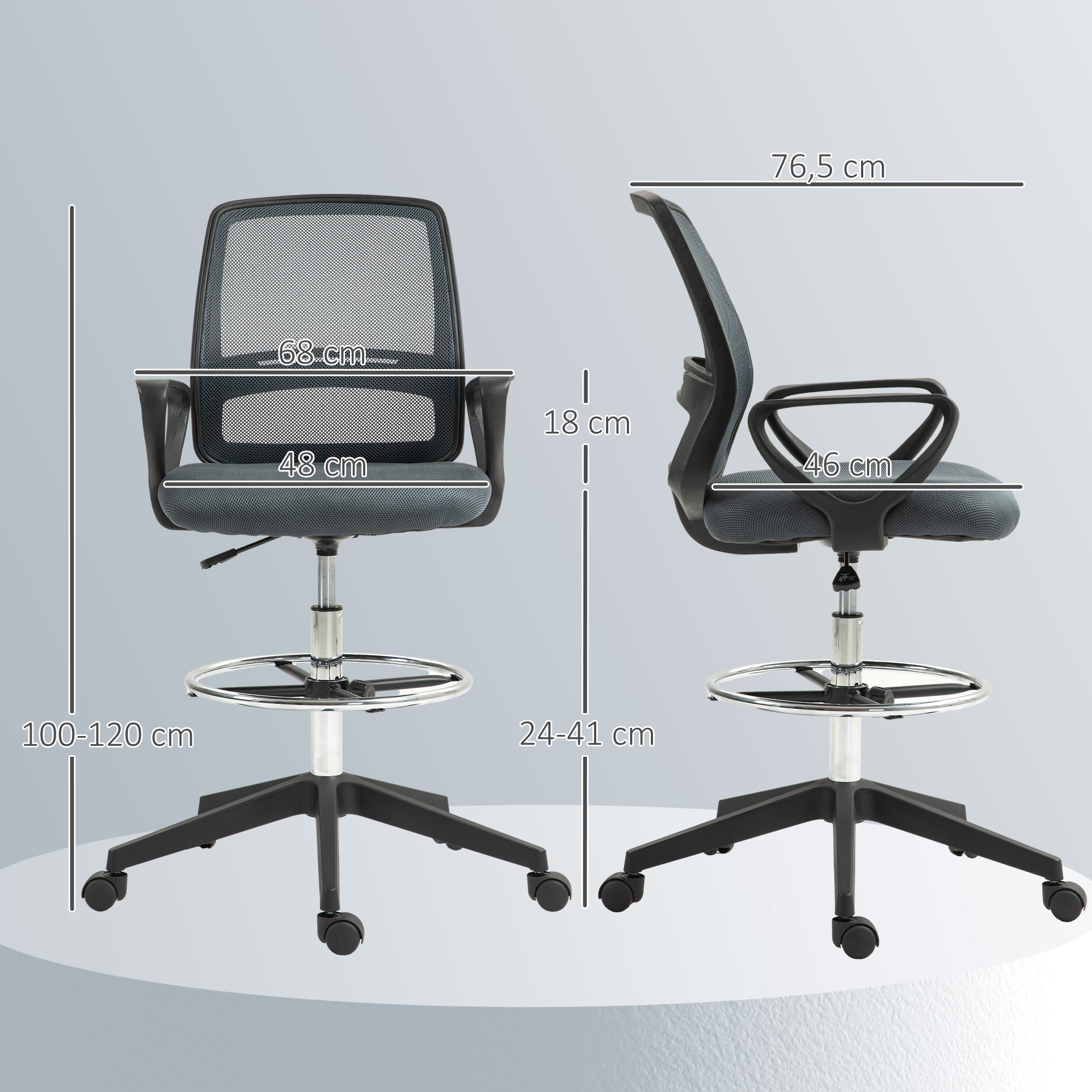 Bürostuhl Ergonomischer Schreibtischstuhl mit Armlehnen und Verstellbarer Fußring Netzbespannung Grau