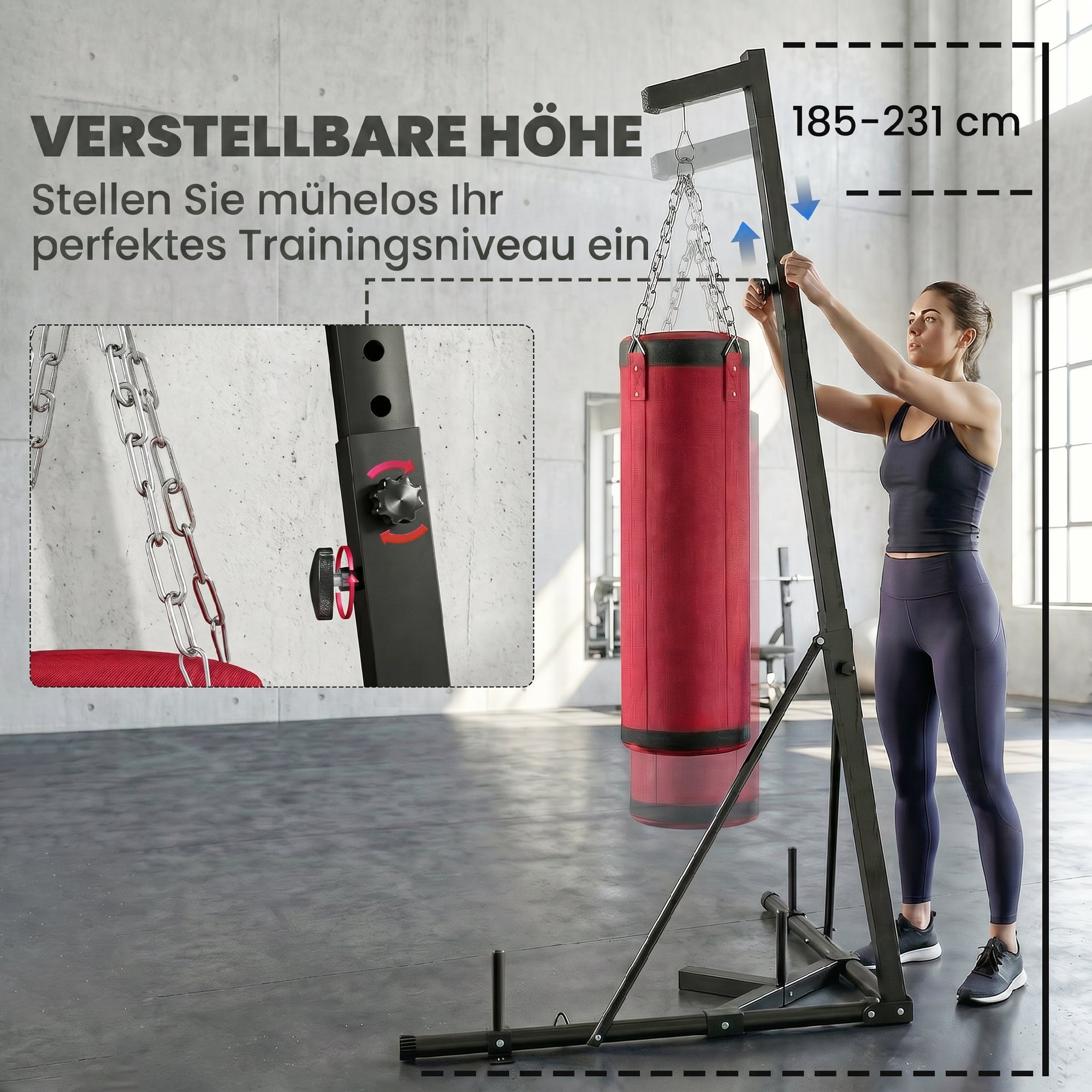 Boxsackständer 185-231cm Höhenverstellbar Freistehender Boxsackhalter mit Boxsack Dreiecksbasis Gewichtenhalter