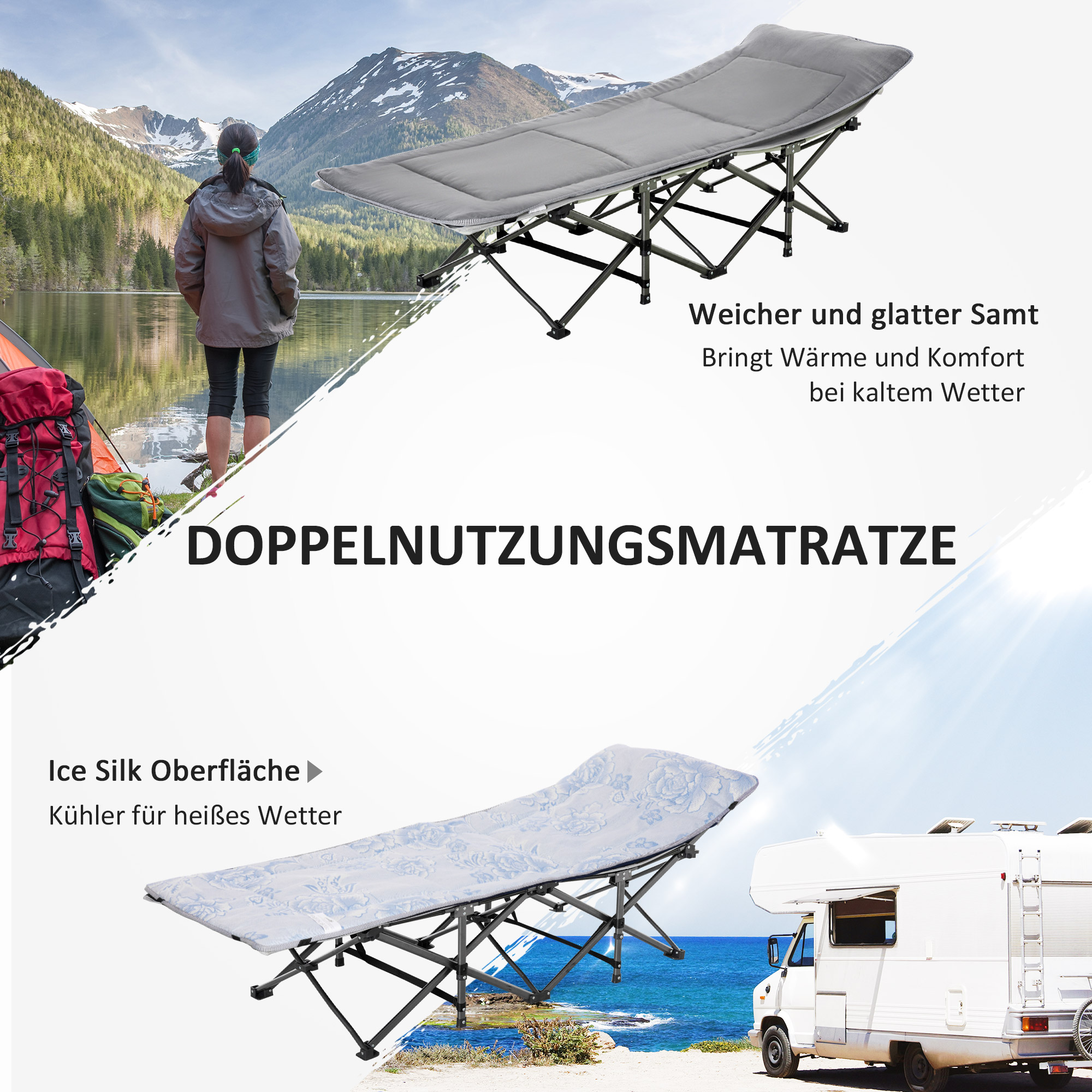 Feldbett faltbar Campingbett mit Matratze Tragetasche 188 x 64,5 x 53 cm Gästebett bis 150 kg belastbar Campingliege für Erwachsene Klappbett für Outdoor, Garten Camping Reisen Hellgrau