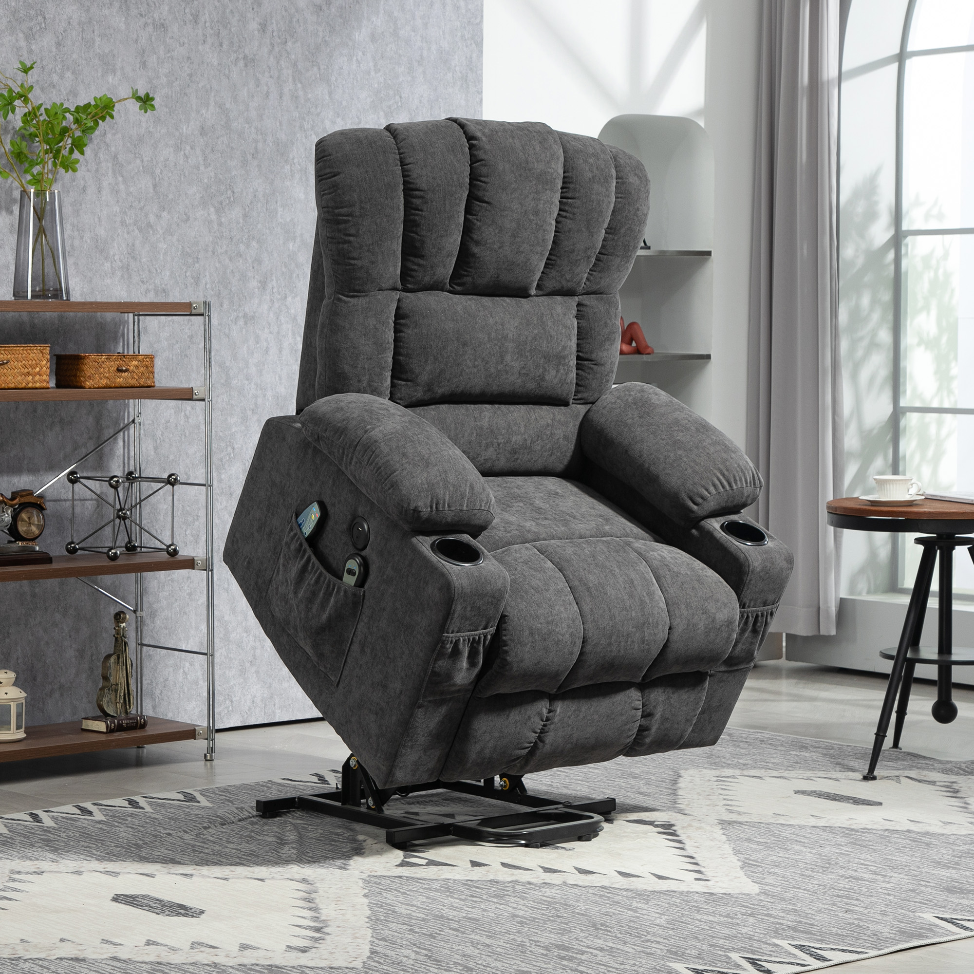 Elektrischer Power Lift Aufsteh-Sessel mit Massage- und Wärmefunktion, USB-Anschlüssen, Becherhaltern, Dunkelgrau