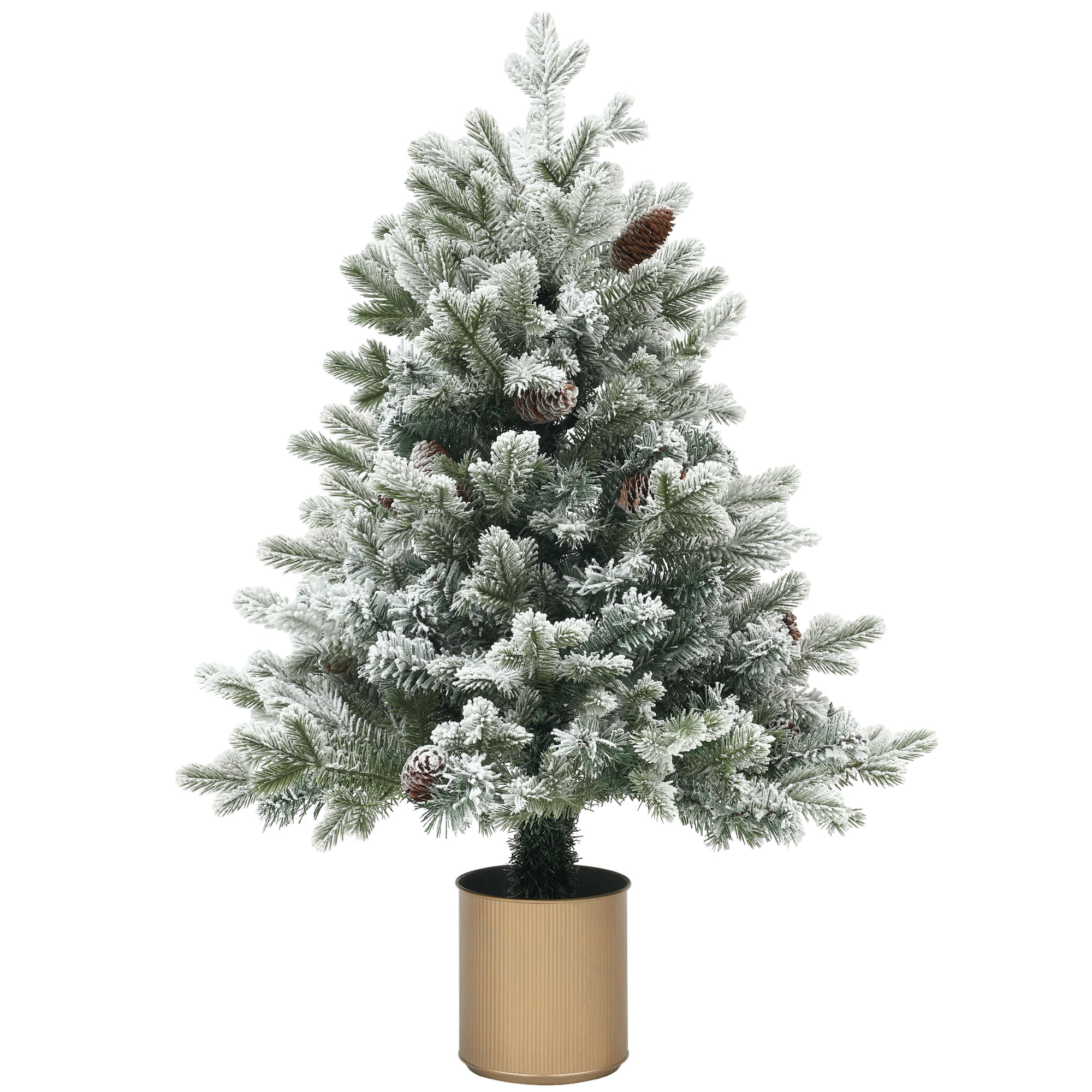 Weihnachtsbaum mit Tannenzapfen, schneebedeckt, flammenhemmend, stabil, Ø60 x 100H cm, Grün/Gold