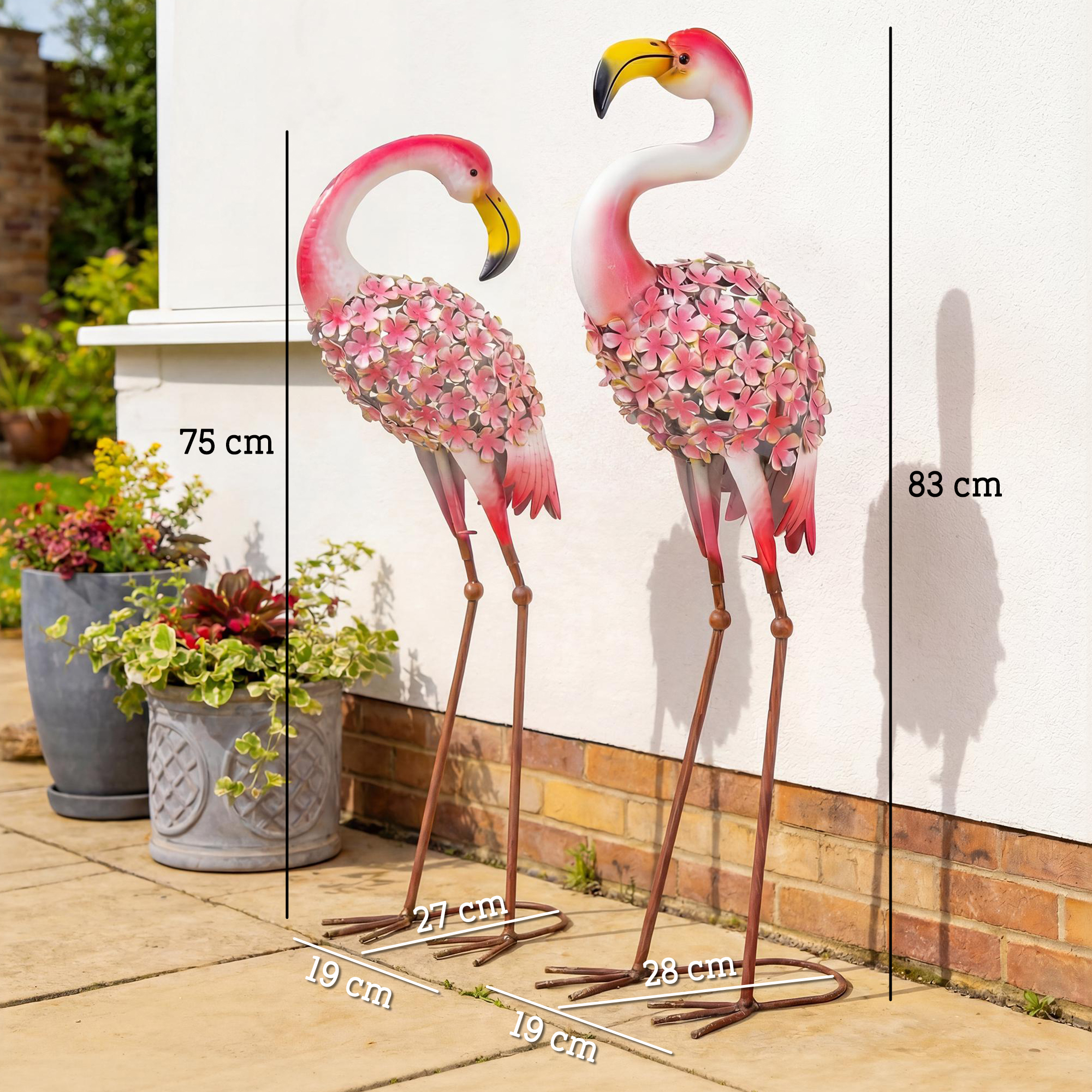 Flamingo Gartenstatuen Set aus 2, Florale Feder-Metallvögel, Stehende Skulpturen mit Bodenankern, Rot