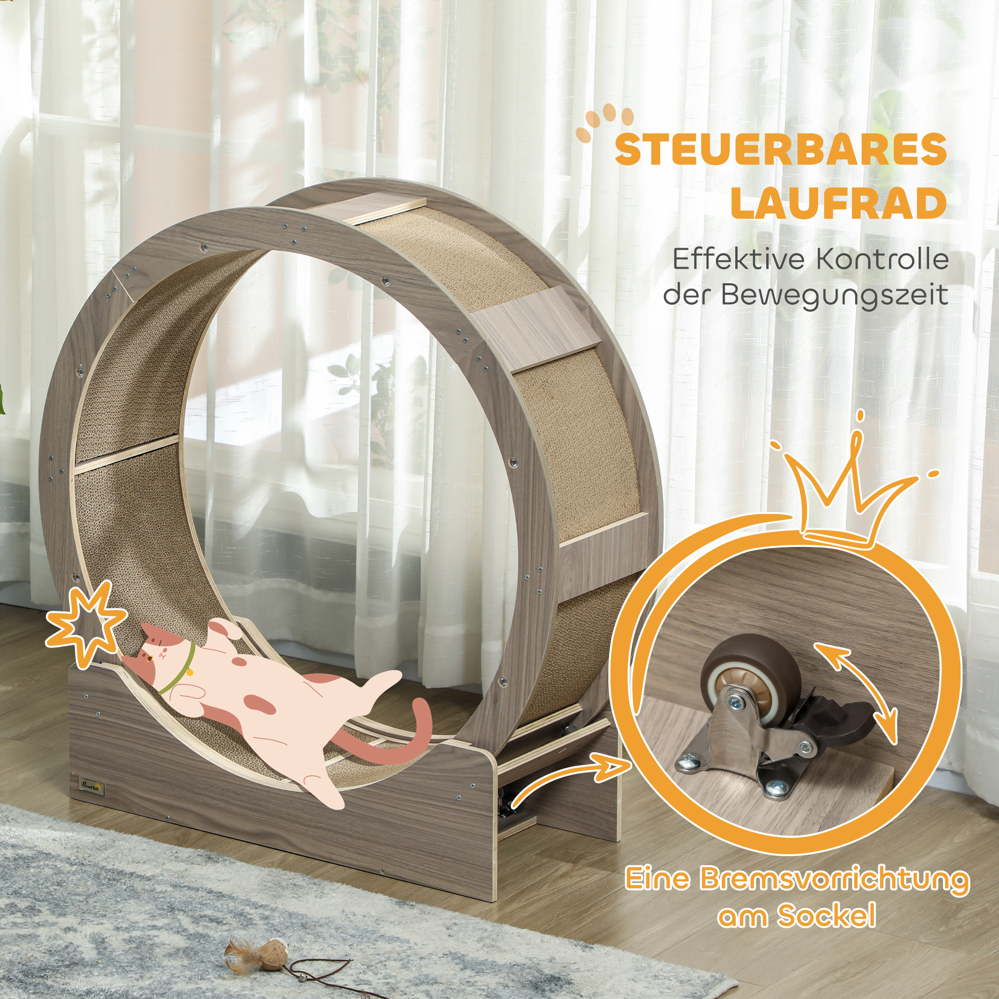 Katzenlaufrad, Laufrad für Katzen, 91 cm, mit Bremse, Kratzmatte, Katzenrad für gesunde Bewegung, Walnuss