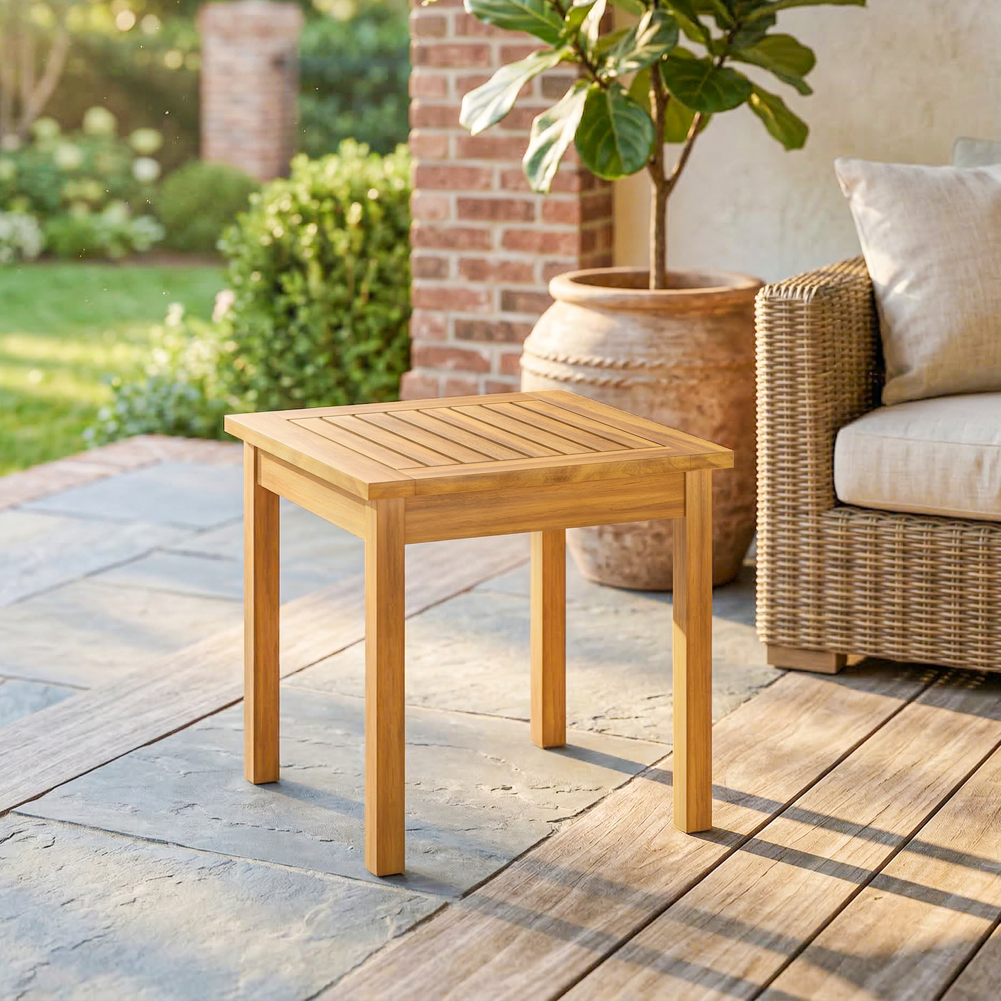 Beistelltisch 48 x 48 cm wetterfest Gartentisch mit Lamellendesign verstellbaren Füßen, quadratisch