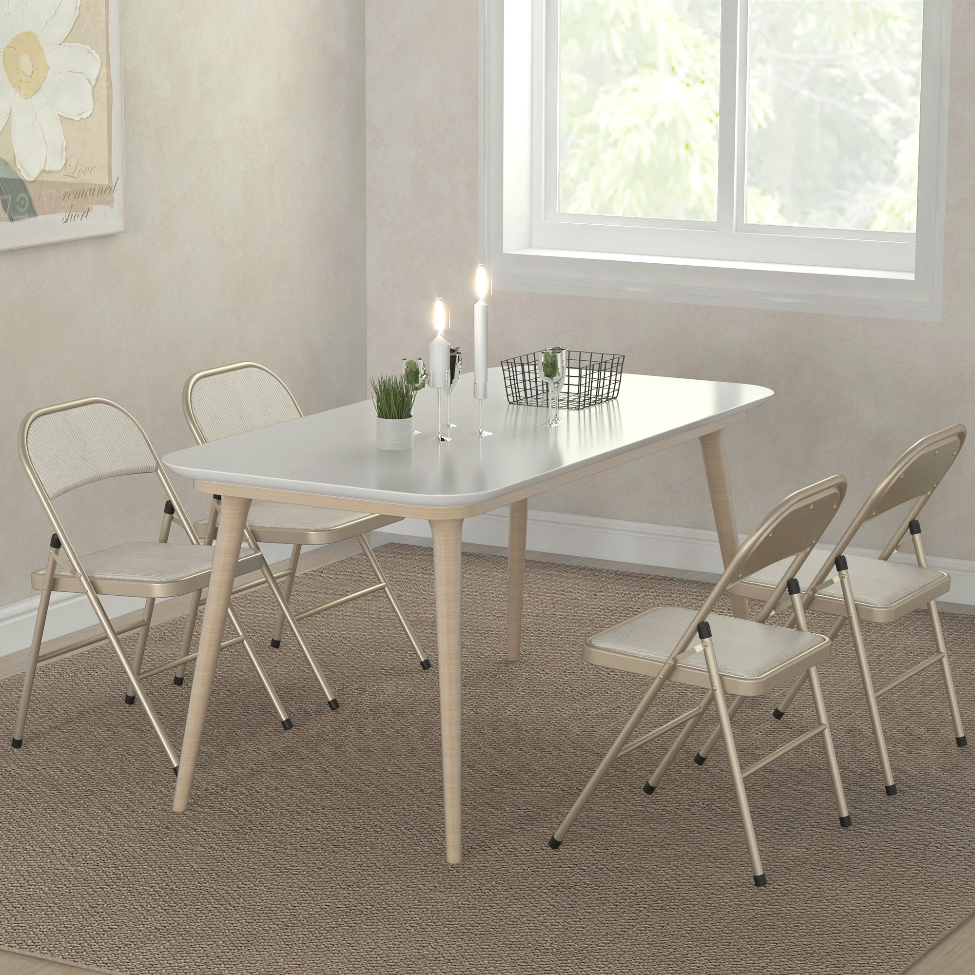 4er-Set Klappstühle, Tragbare Bürostühle, Stahlbeine, Faltstuhl für Büro, Empfang, Wartezimmer, Leinenoptik Beige