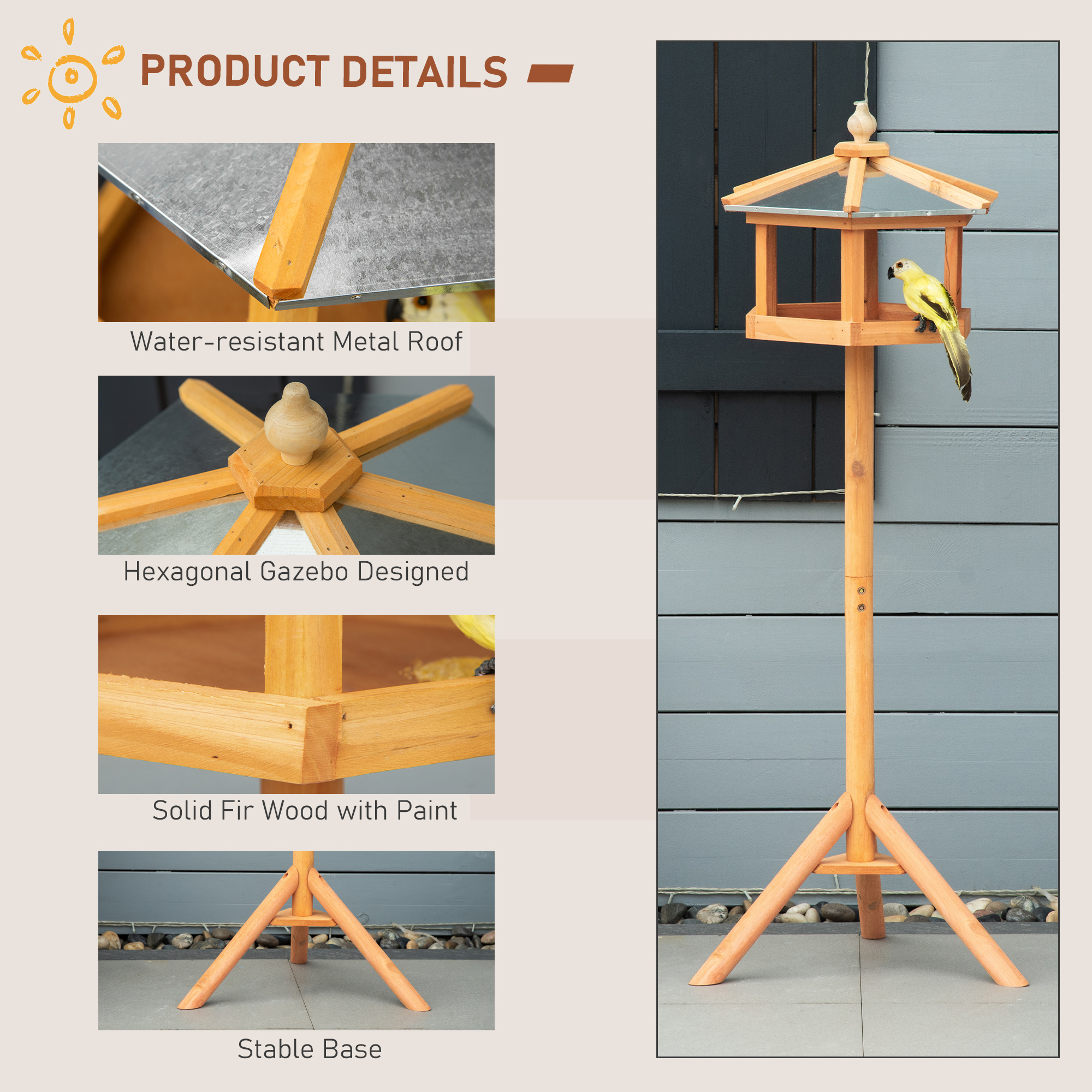 Vogelhaus mit Ständer wetterfestes Vogelfutterhaus mit wetterfestem Zinkdach Futterhaus aus Holz für Wildvögel 40 x 40 x 113 cm Gelb