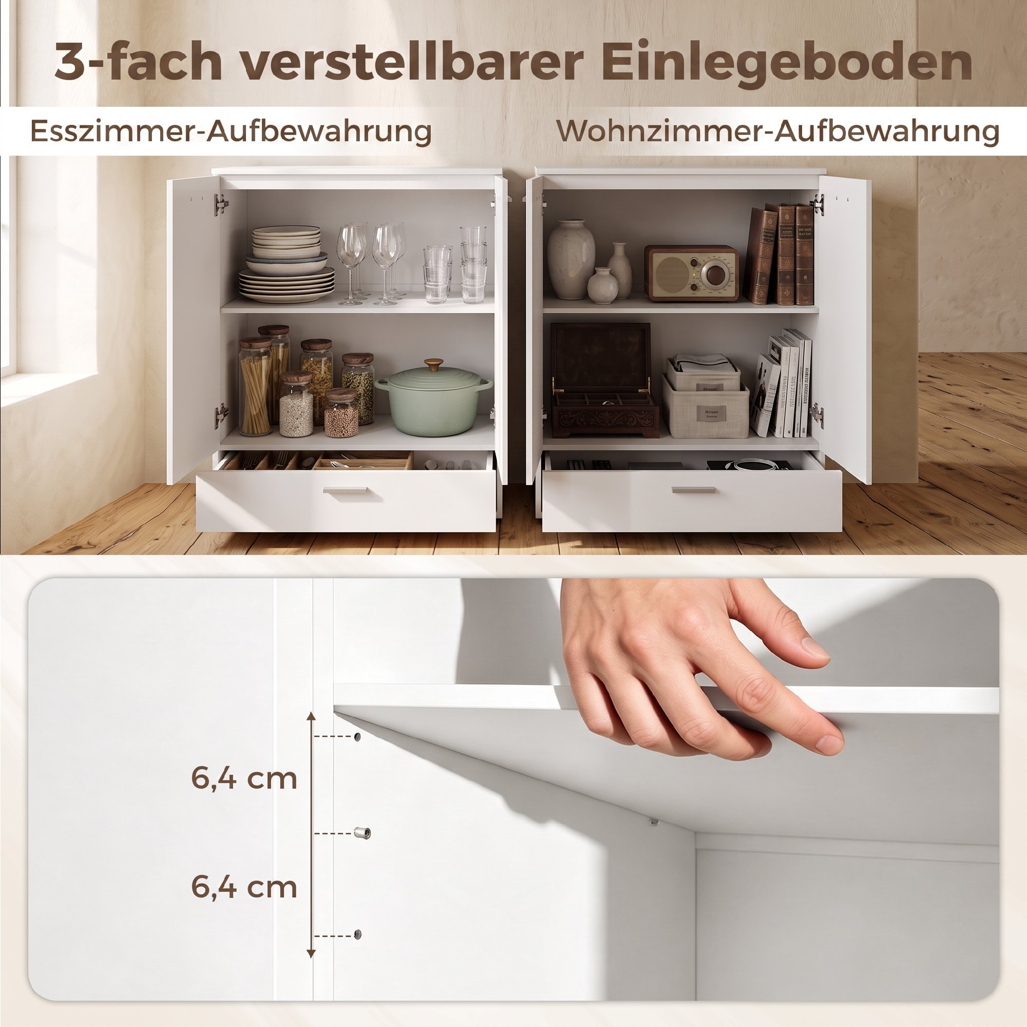 Modernes Sideboard, freistehender Aufbewahrungsschrank mit Schublade und verstellbarem Einlegeboden, Weiß