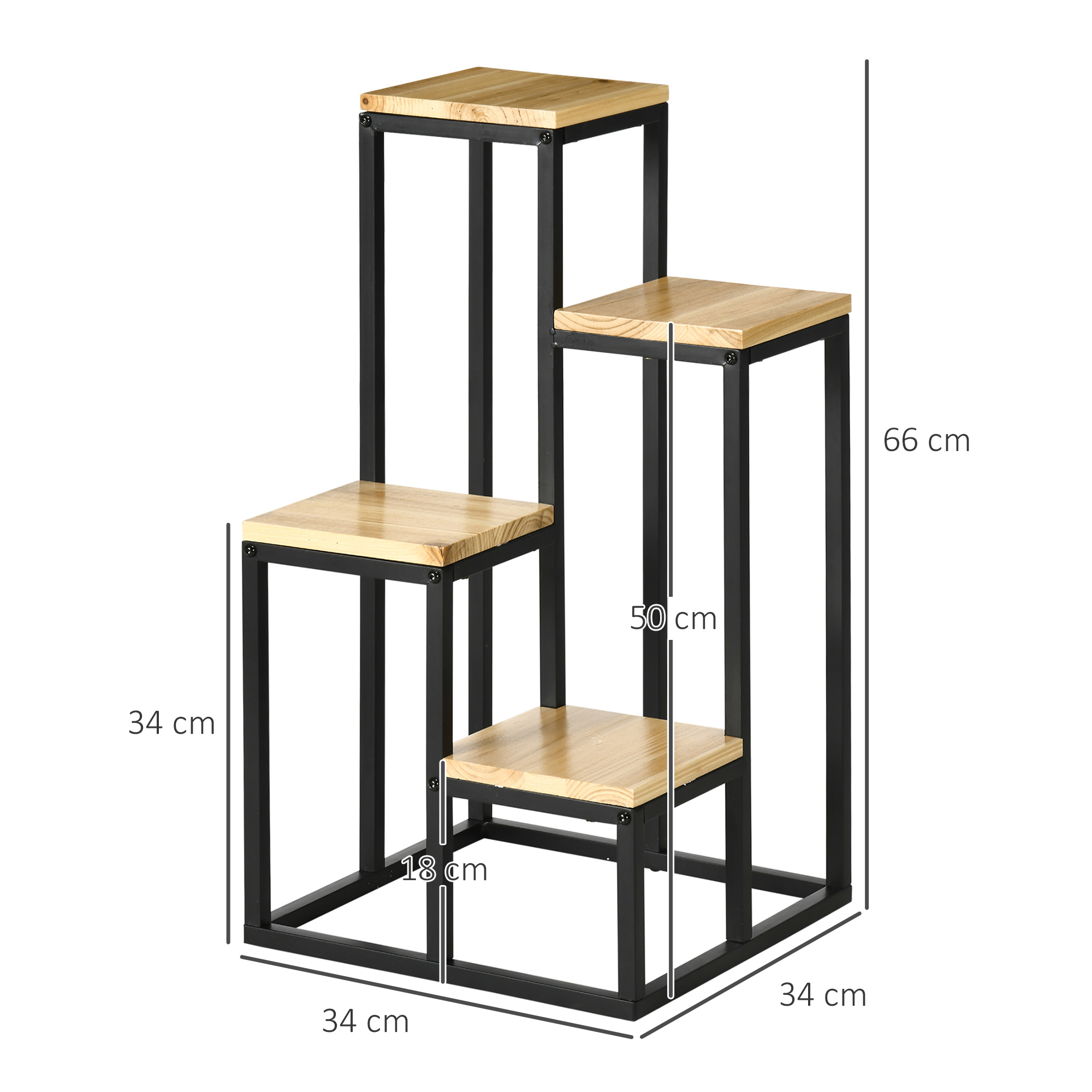 Pflanzenständer im Industrie Design mit 4 Regalen, Blumentreppe, 34 cm x 34 cm x 66 cm, Natur + Schwarz