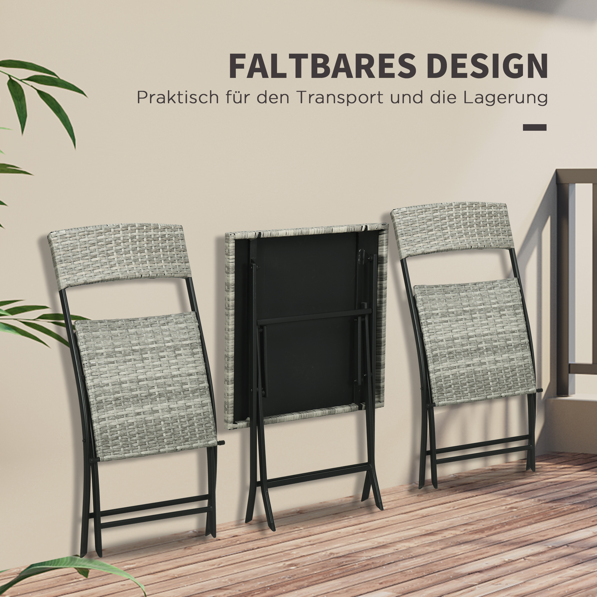 3-tlg, Gartensitzgruppe, 2 Klappstühle, 1 Klapptisch, Rattanoptik, Metallrahmen, hellgrau
